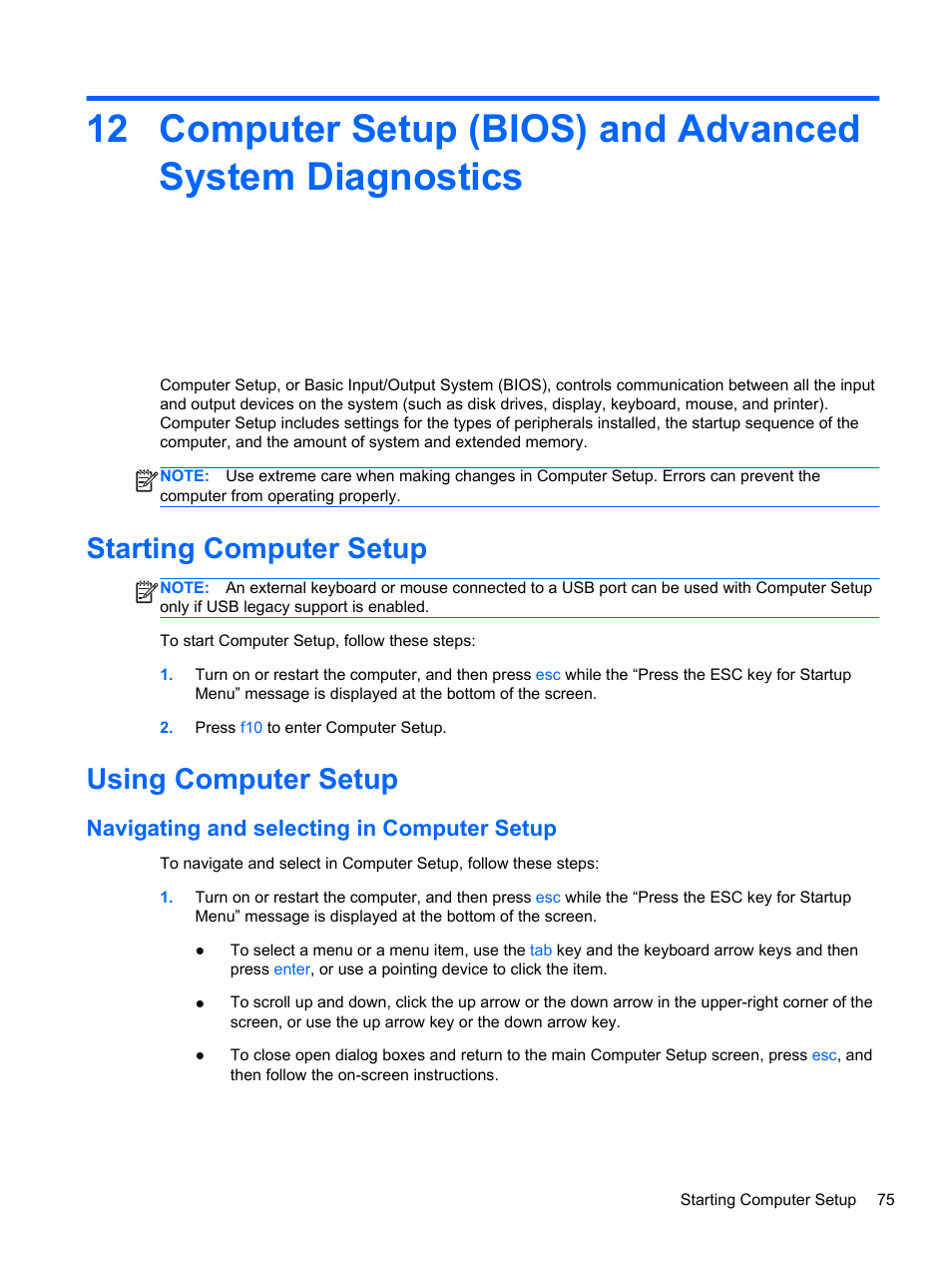 Starting computer setup, Using computer setup, Navigating and selecting in computer setup | Starting computer setup using computer setup | HP EliteBook 2570p Notebook PC User Manual | Page 85 / 106