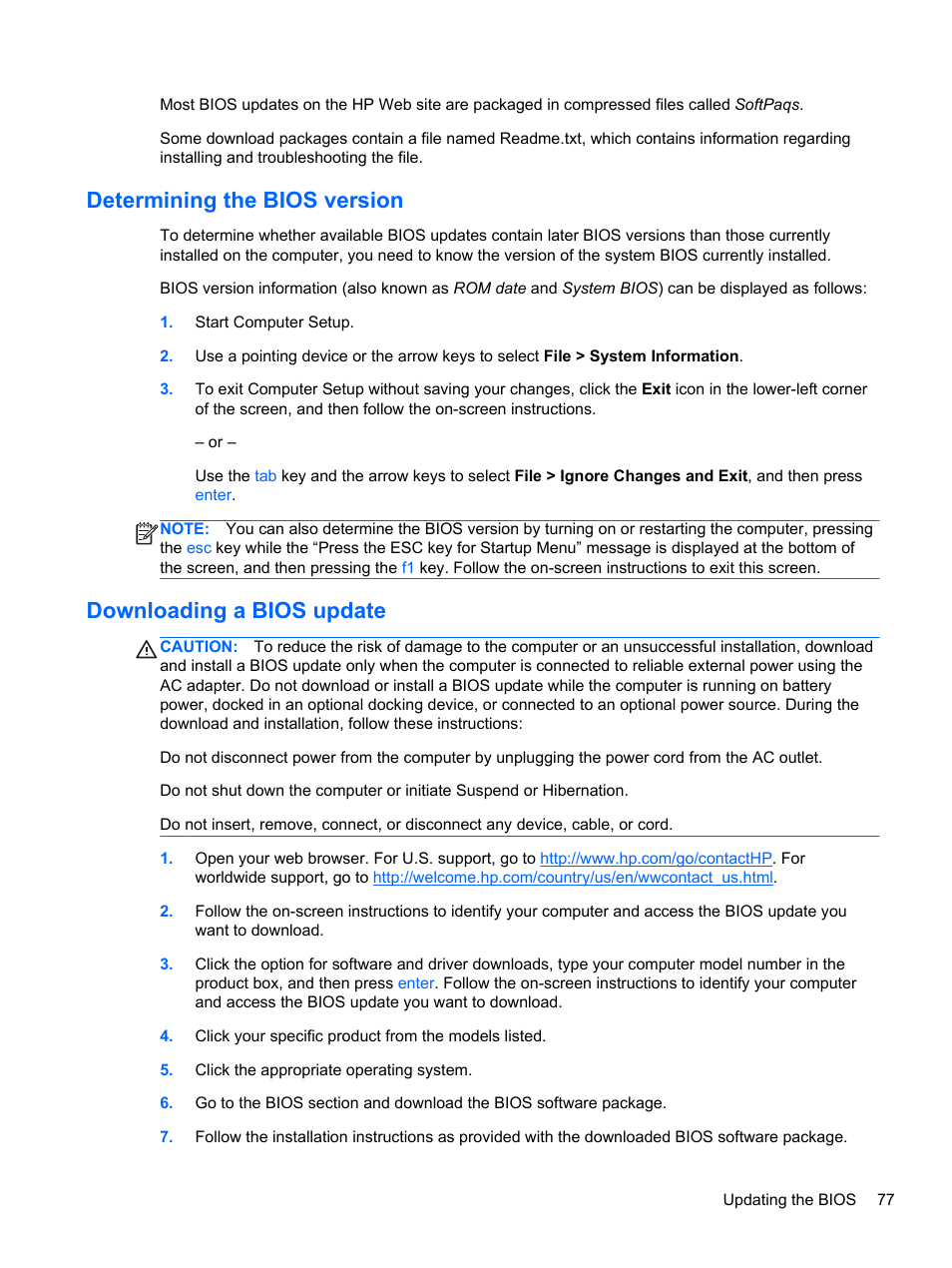 Determining the bios version, Downloading a bios update | HP EliteBook 2570p Notebook PC User Manual | Page 87 / 106