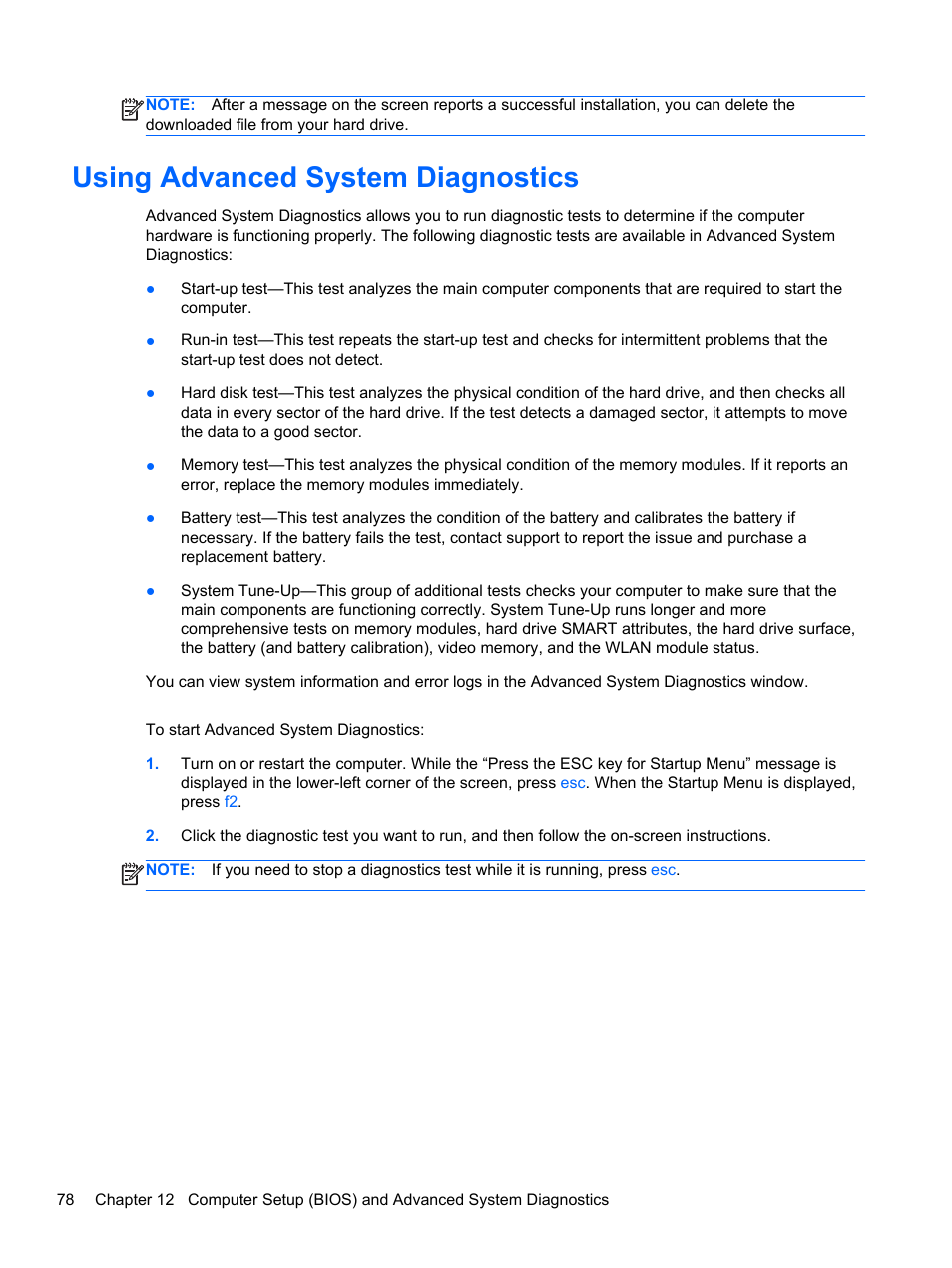 Using advanced system diagnostics | HP EliteBook 2570p Notebook PC User Manual | Page 88 / 106