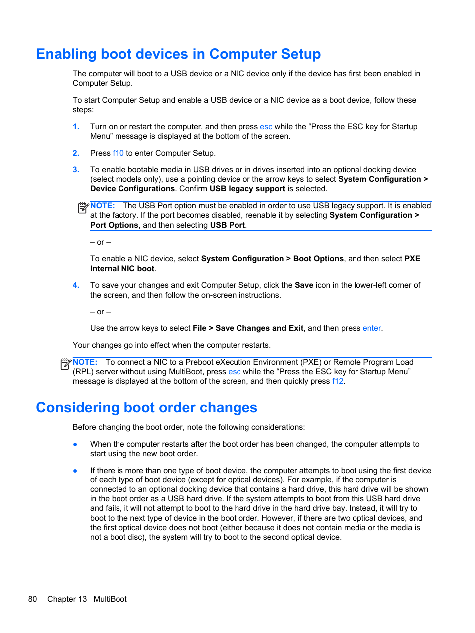 Enabling boot devices in computer setup, Considering boot order changes | HP EliteBook 2570p Notebook PC User Manual | Page 90 / 106