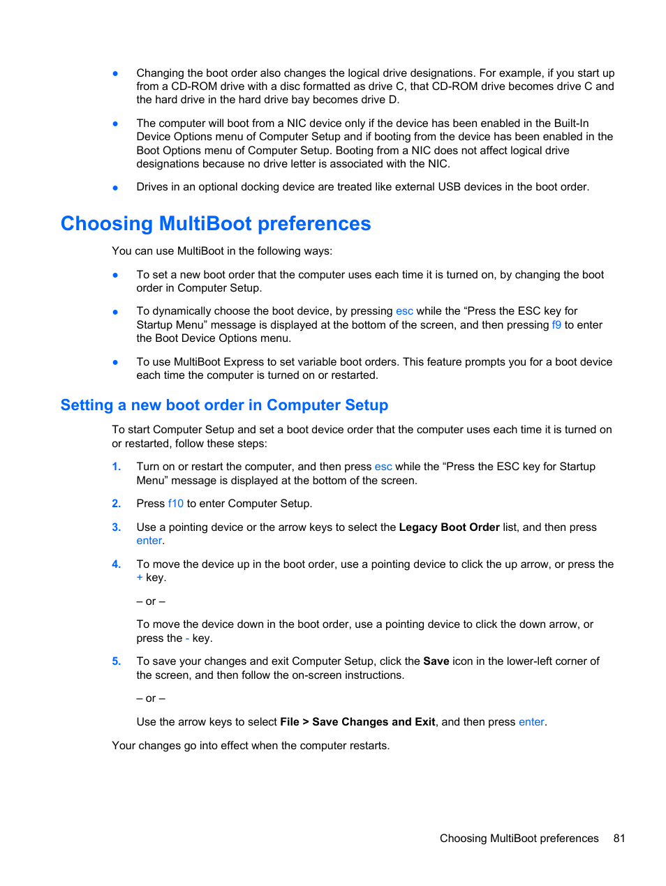Choosing multiboot preferences, Setting a new boot order in computer setup | HP EliteBook 2570p Notebook PC User Manual | Page 91 / 106
