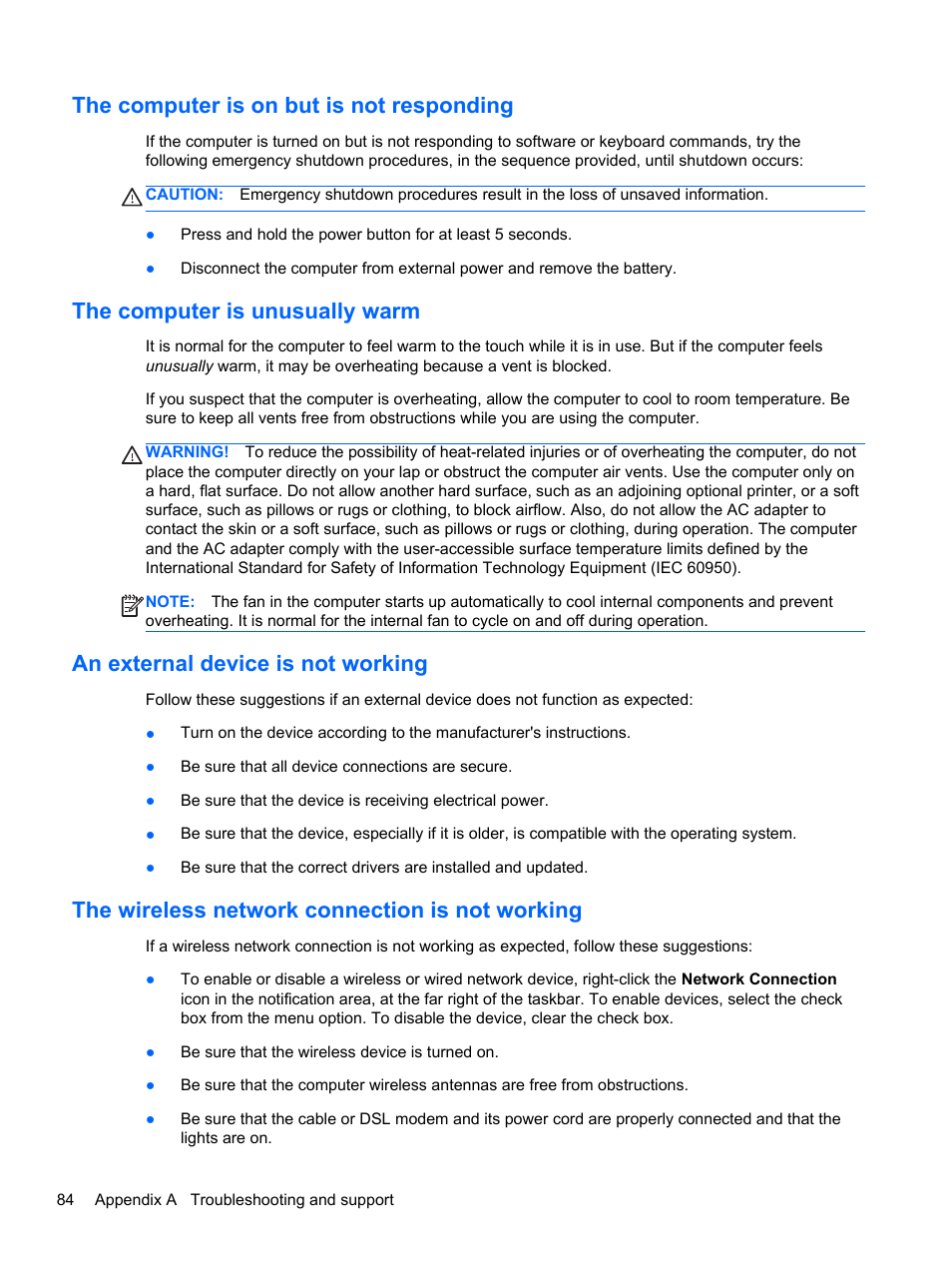 The computer is on but is not responding, The computer is unusually warm, An external device is not working | The wireless network connection is not working | HP EliteBook 2570p Notebook PC User Manual | Page 94 / 106