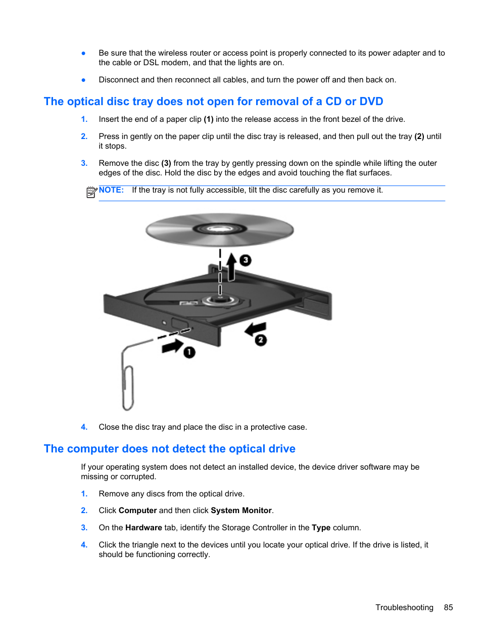 The computer does not detect the optical drive | HP EliteBook 2570p Notebook PC User Manual | Page 95 / 106