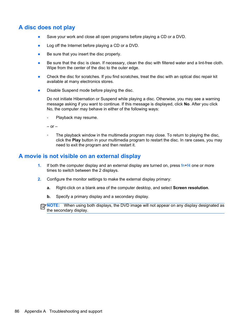 A disc does not play, A movie is not visible on an external display | HP EliteBook 2570p Notebook PC User Manual | Page 96 / 106