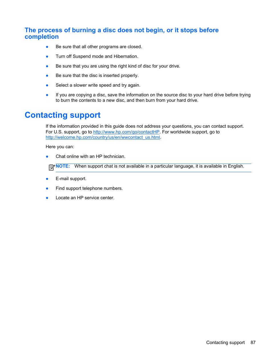 Contacting support | HP EliteBook 2570p Notebook PC User Manual | Page 97 / 106