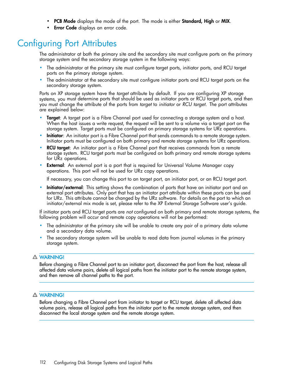 Configuring port attributes, Conﬁguring port attributes | HP StorageWorks XP Remote Web Console Software User Manual | Page 112 / 219