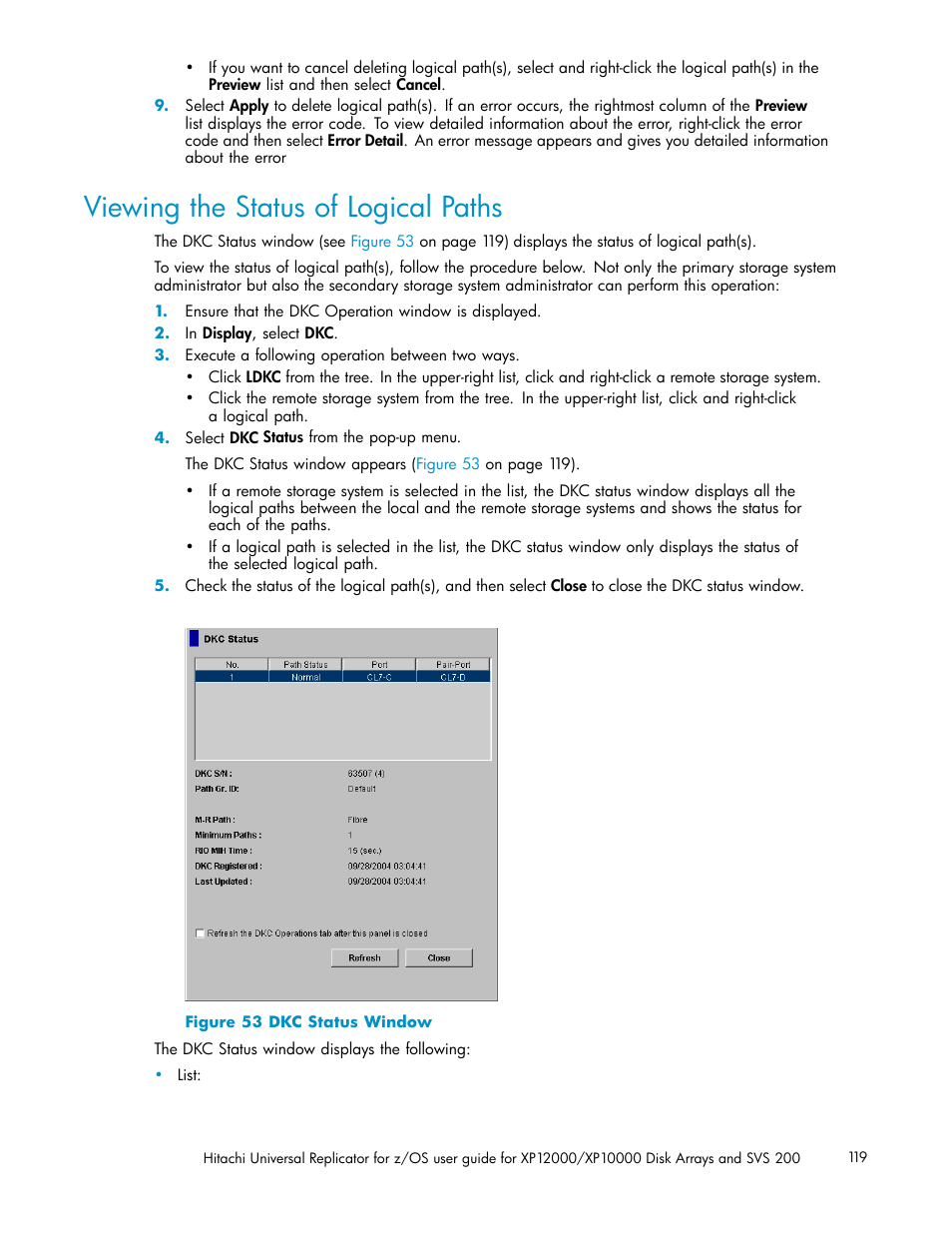 Viewing the status of logical paths, 53 dkc status window | HP StorageWorks XP Remote Web Console Software User Manual | Page 119 / 219