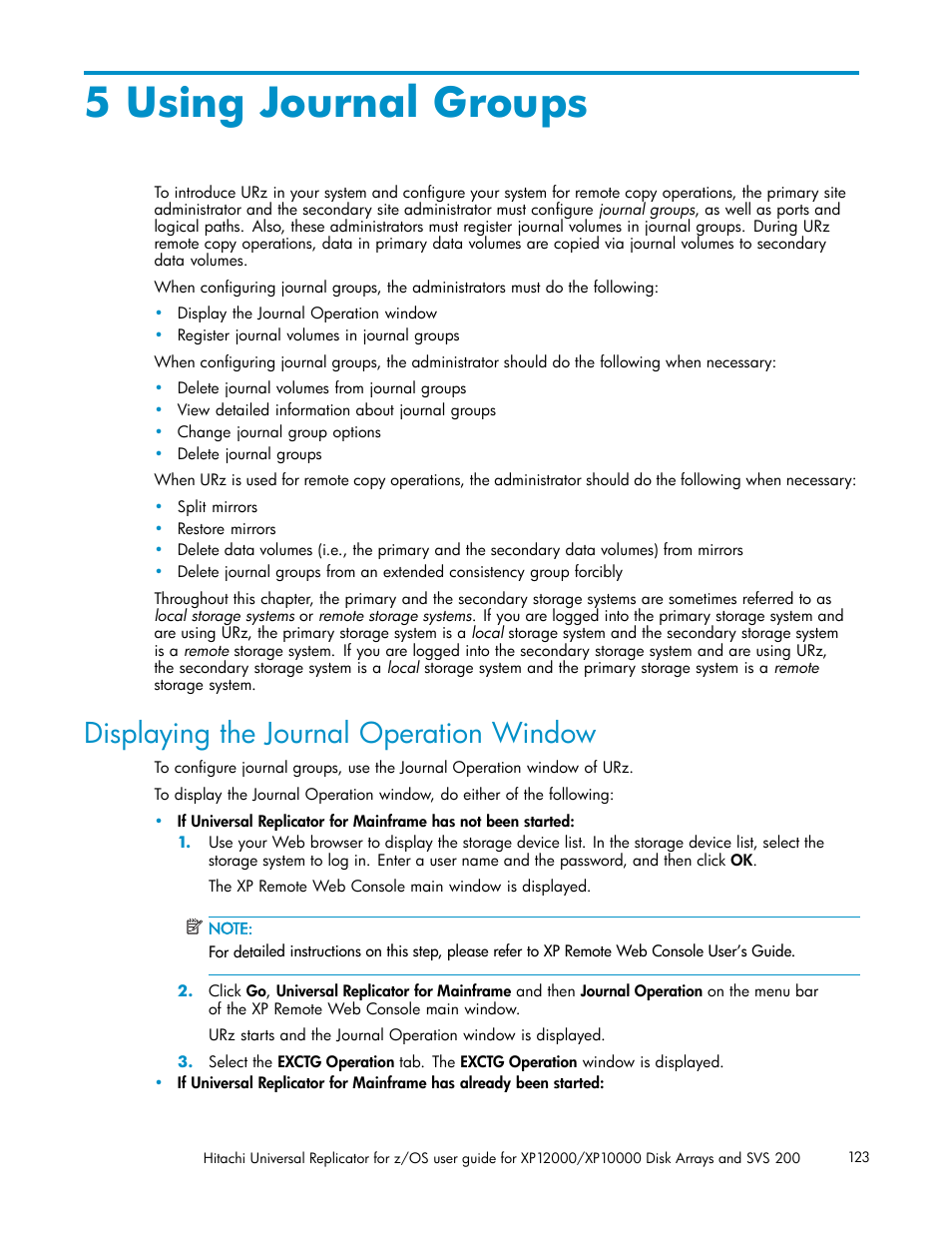 5 using journal groups, Displaying the journal operation window, Chapter 5 | HP StorageWorks XP Remote Web Console Software User Manual | Page 123 / 219