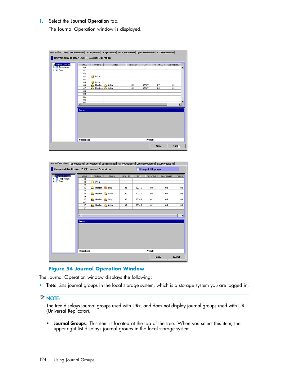 54 journal operation window | HP StorageWorks XP Remote Web Console Software User Manual | Page 124 / 219