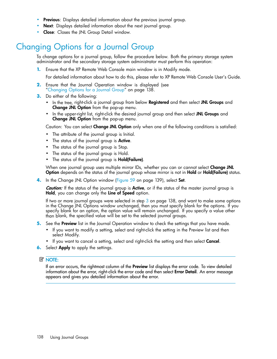 Changing options for a journal group | HP StorageWorks XP Remote Web Console Software User Manual | Page 138 / 219