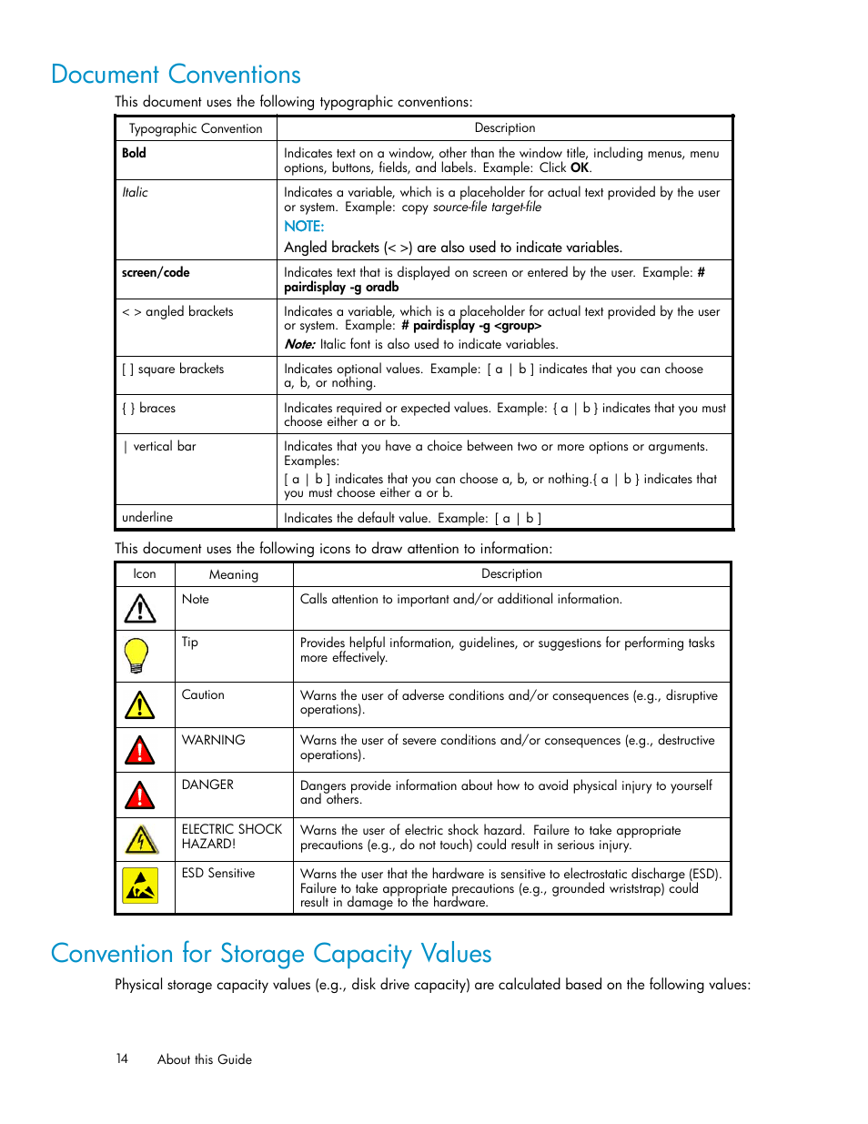Document conventions, Convention for storage capacity values | HP StorageWorks XP Remote Web Console Software User Manual | Page 14 / 219
