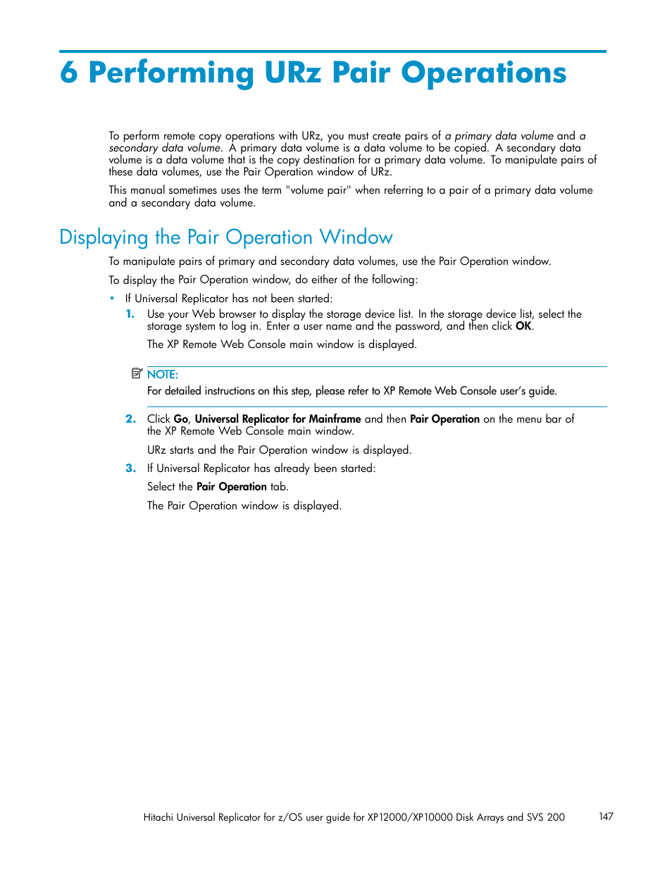 6 performing urz pair operations, Displaying the pair operation window | HP StorageWorks XP Remote Web Console Software User Manual | Page 147 / 219