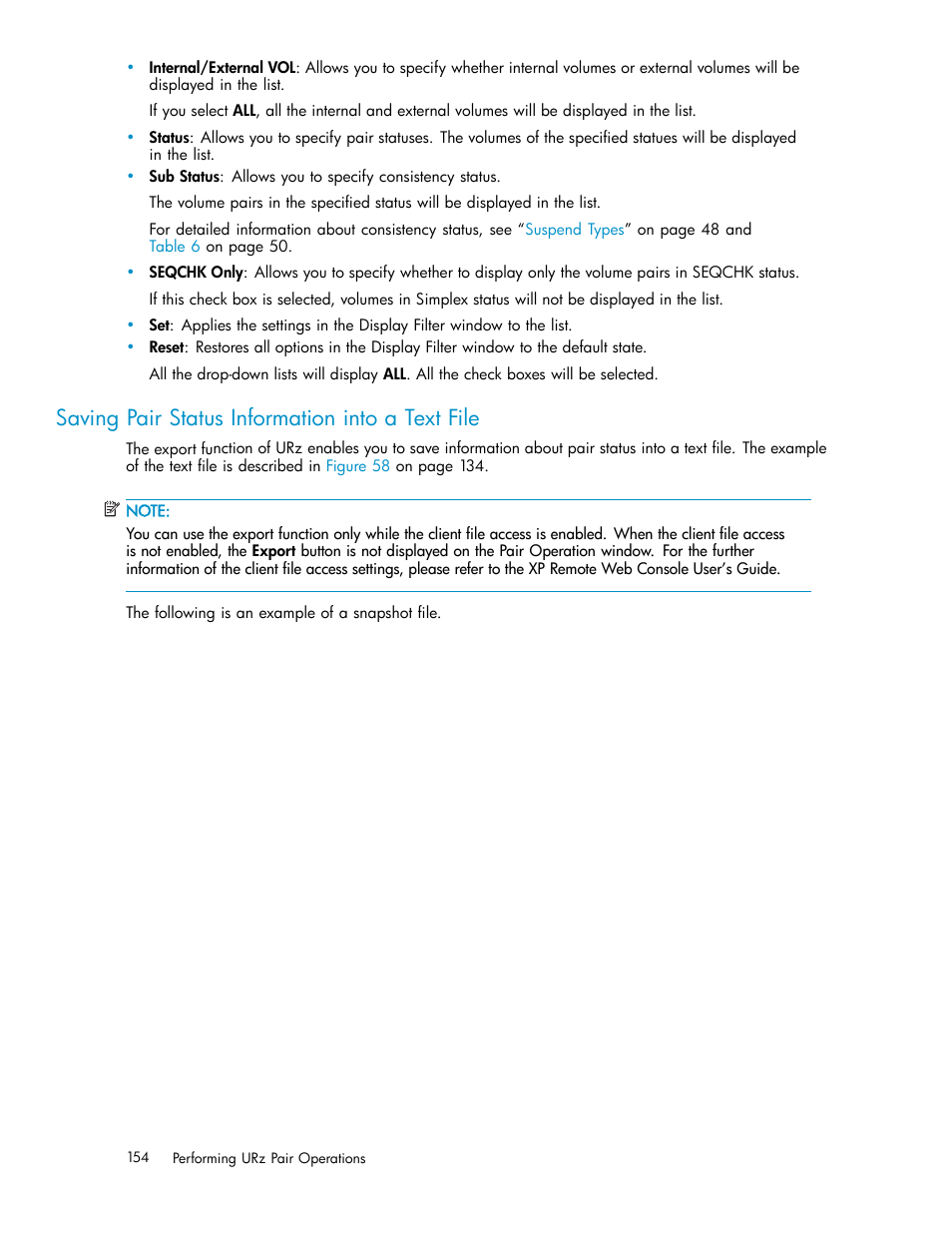 Saving pair status information into a text file | HP StorageWorks XP Remote Web Console Software User Manual | Page 154 / 219