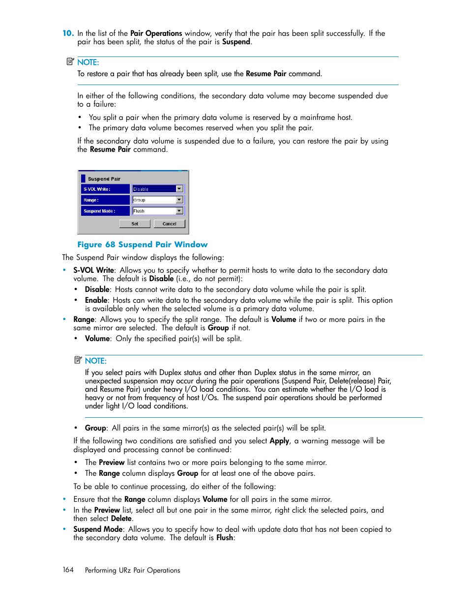 68 suspend pair window, Figure 68 | HP StorageWorks XP Remote Web Console Software User Manual | Page 164 / 219