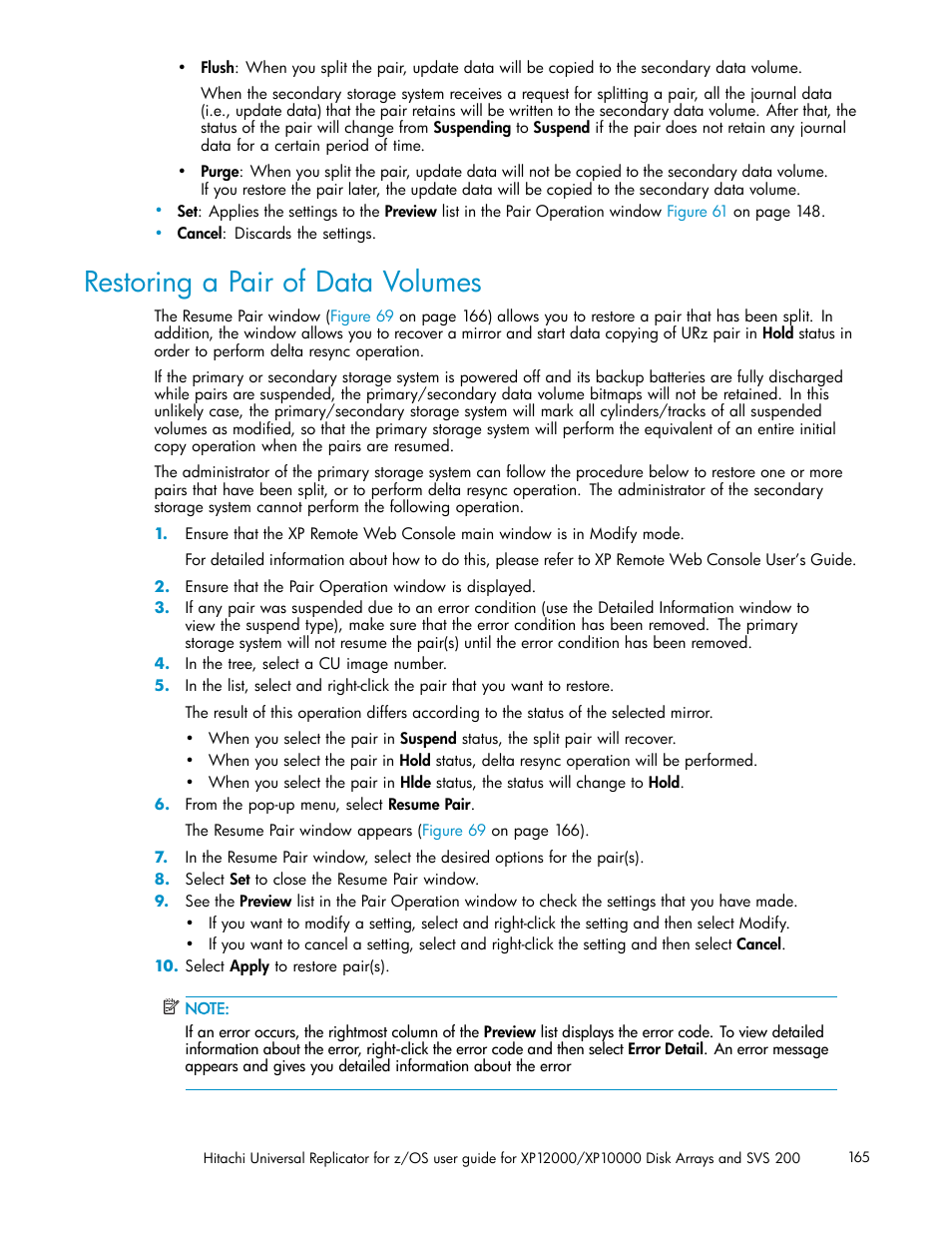 Restoring a pair of data volumes | HP StorageWorks XP Remote Web Console Software User Manual | Page 165 / 219