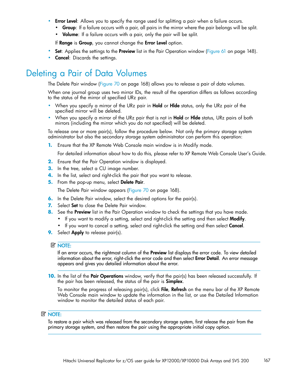 Deleting a pair of data volumes | HP StorageWorks XP Remote Web Console Software User Manual | Page 167 / 219