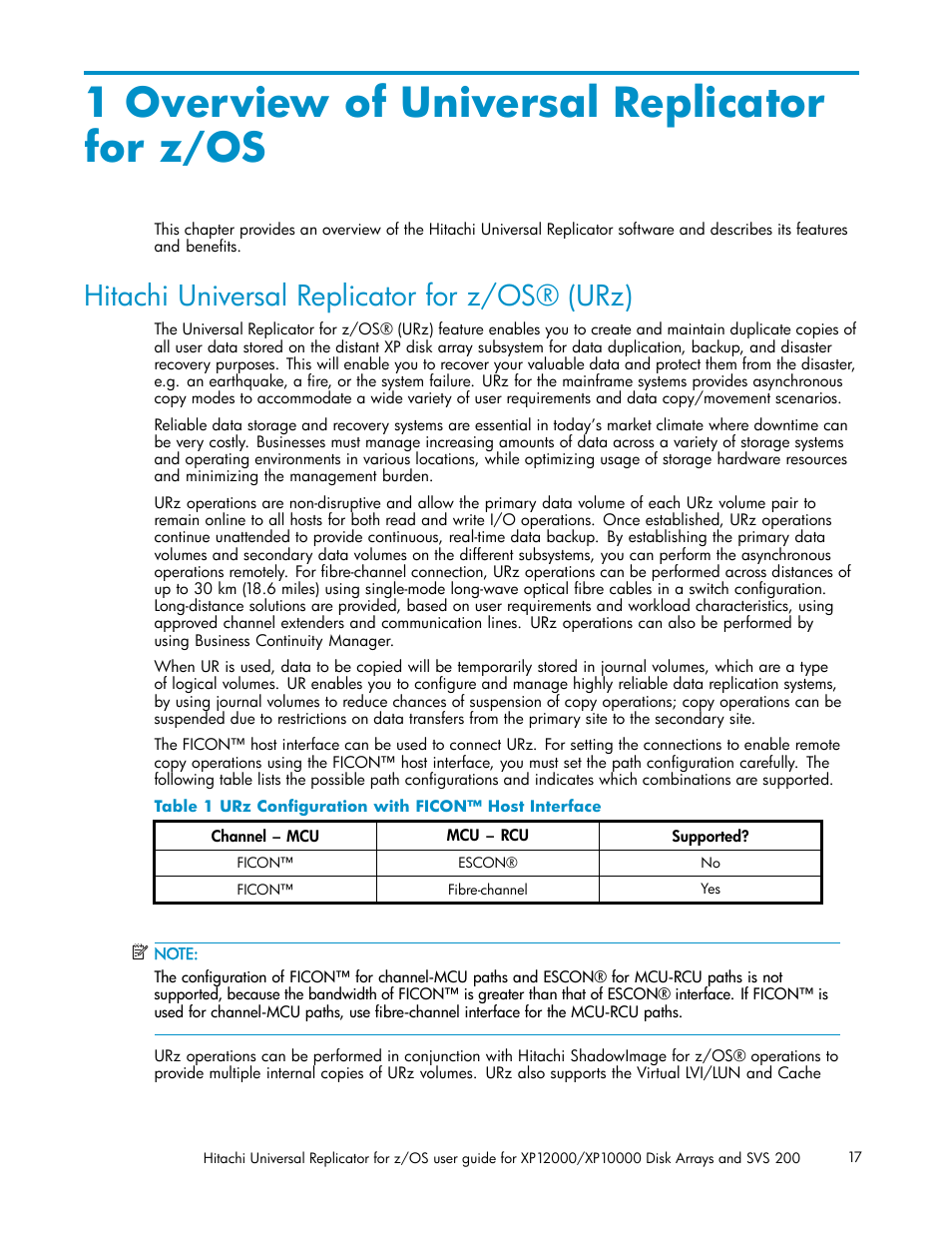 1 overview of universal replicator for z, Hitachi universal replicator for z/os, 1 overview of universal replicator for z/os | Hitachi universal replicator for z/os® (urz), 1 urz conﬁguration with ficon™ host interface | HP StorageWorks XP Remote Web Console Software User Manual | Page 17 / 219