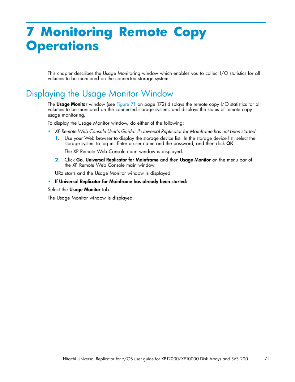 7 monitoring remote copy operations, Displaying the usage monitor window, Usage monitor window | HP StorageWorks XP Remote Web Console Software User Manual | Page 171 / 219