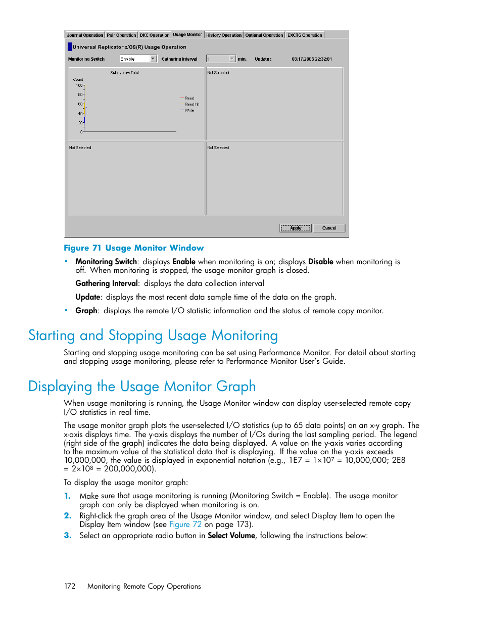 Displaying the usage monitor graph, Starting and stopping usage monitoring, 71 usage monitor window | HP StorageWorks XP Remote Web Console Software User Manual | Page 172 / 219