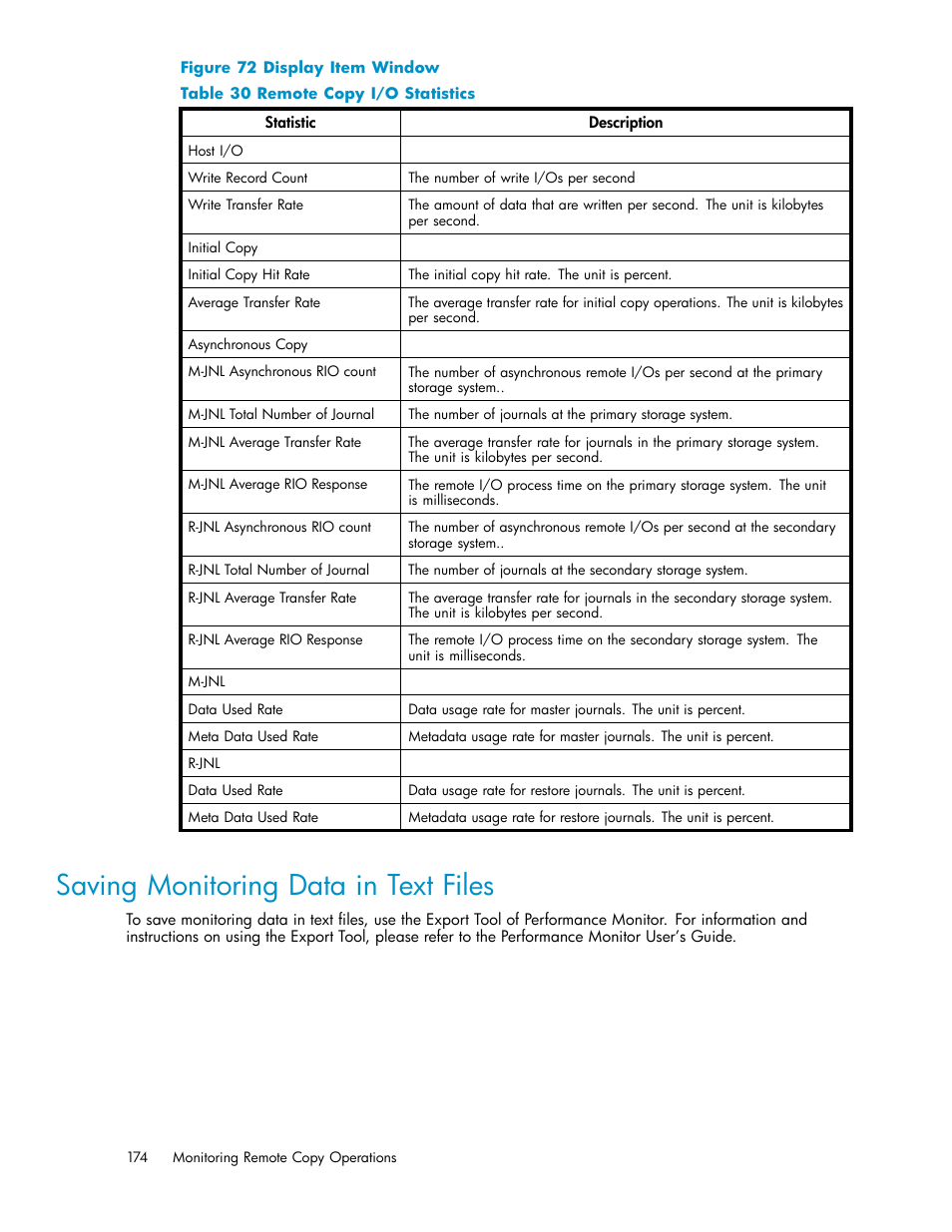 Saving monitoring data in text files, 30 remote copy i/o statistics | HP StorageWorks XP Remote Web Console Software User Manual | Page 174 / 219