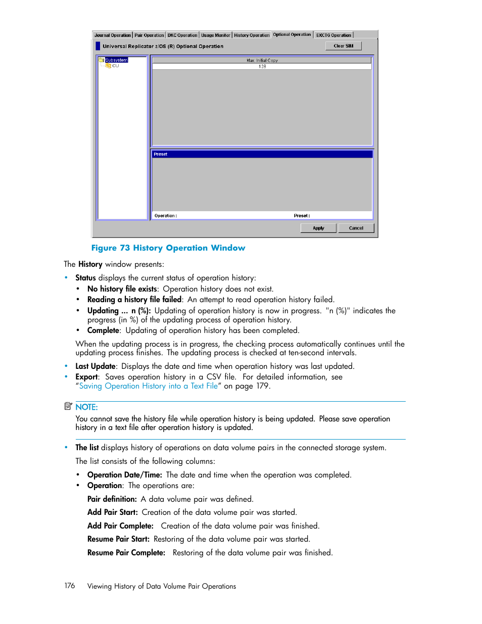 73 history operation window | HP StorageWorks XP Remote Web Console Software User Manual | Page 176 / 219