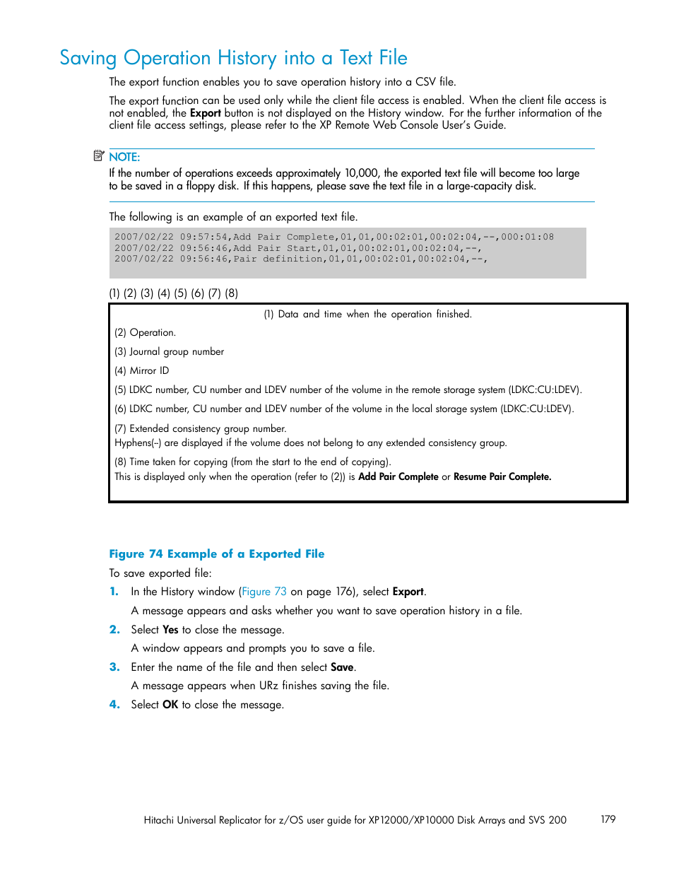 Saving operation history into a text file, 74 example of a exported file | HP StorageWorks XP Remote Web Console Software User Manual | Page 179 / 219