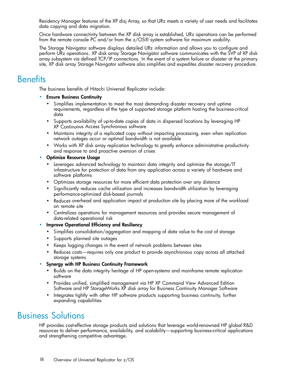 Beneﬁts, Business solutions | HP StorageWorks XP Remote Web Console Software User Manual | Page 18 / 219