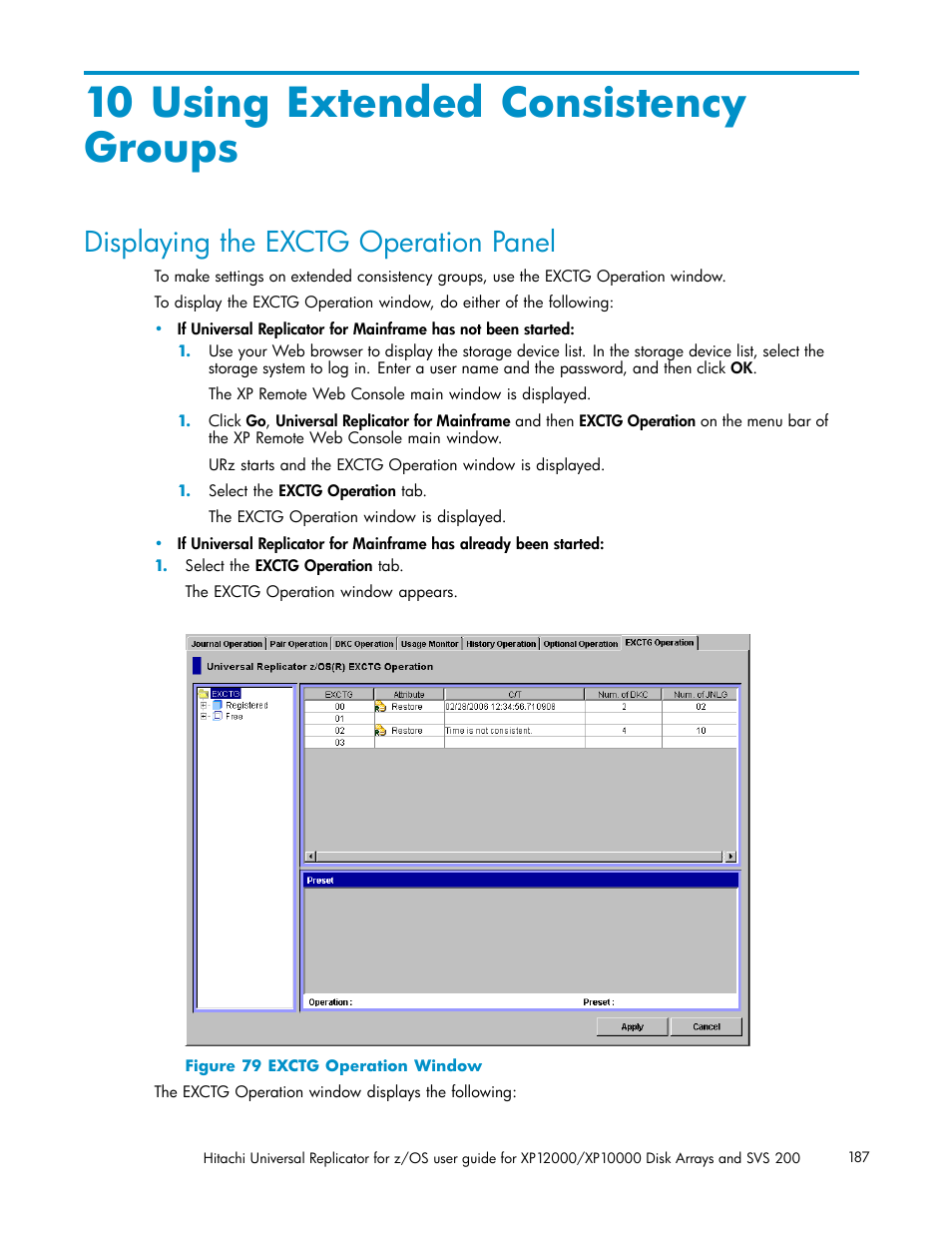 10 using extended consistency groups, Displaying the exctg operation panel, 79 exctg operation window | HP StorageWorks XP Remote Web Console Software User Manual | Page 187 / 219