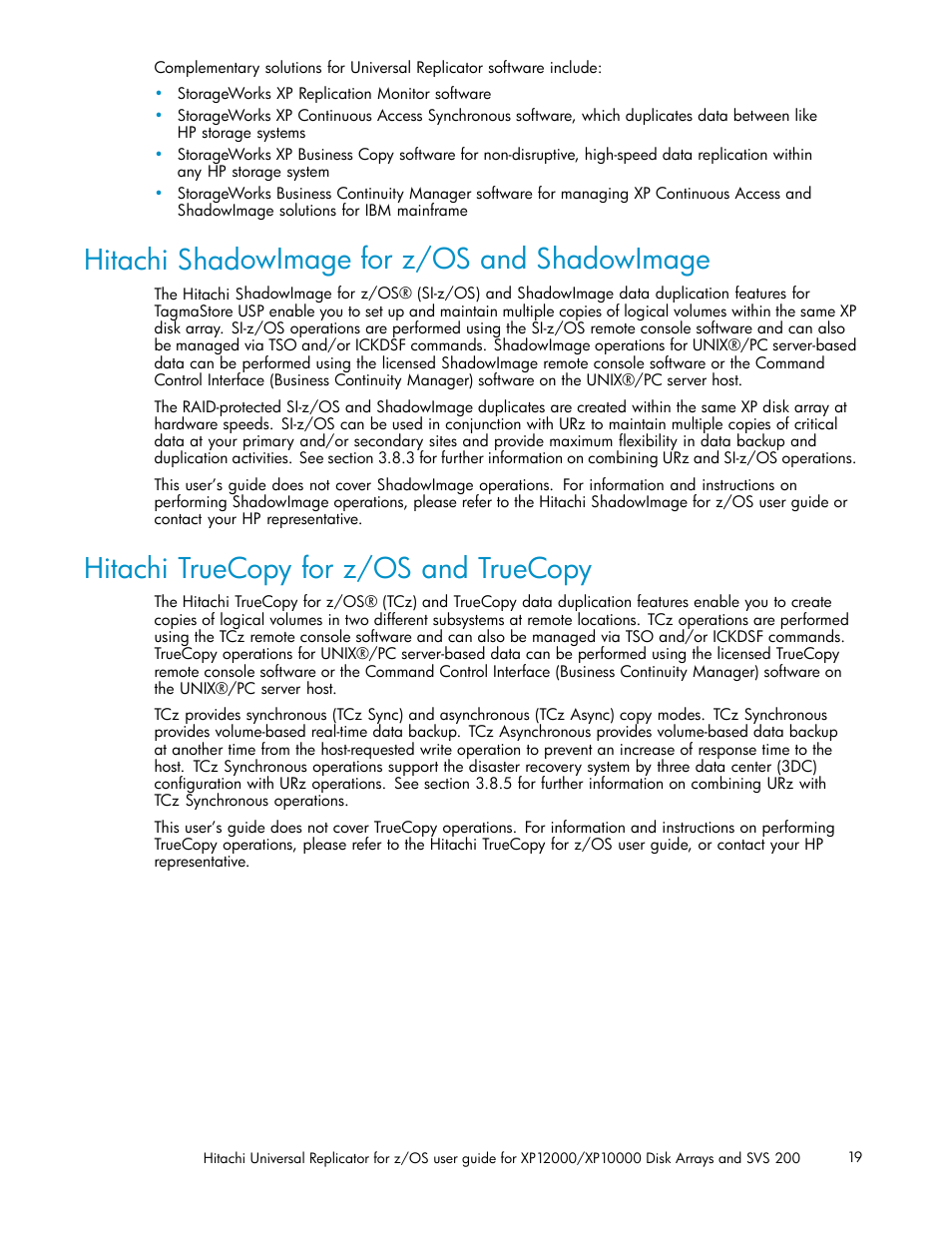 Hitachi shadowimage for z/os and shadowi, Hitachi truecopy for z/os and truecopy, Hitachi shadowimage for z/os and shadowimage | HP StorageWorks XP Remote Web Console Software User Manual | Page 19 / 219