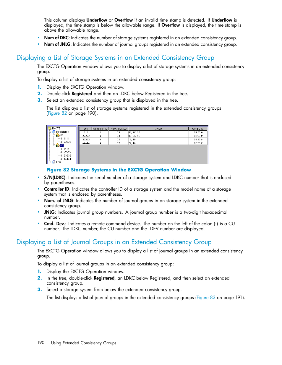 82 storage systems in the exctg operation window | HP StorageWorks XP Remote Web Console Software User Manual | Page 190 / 219