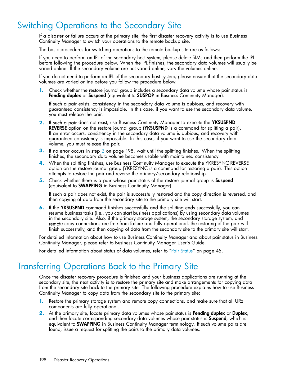 Switching operations to the secondary site, Transferring operations back to the primary site | HP StorageWorks XP Remote Web Console Software User Manual | Page 198 / 219