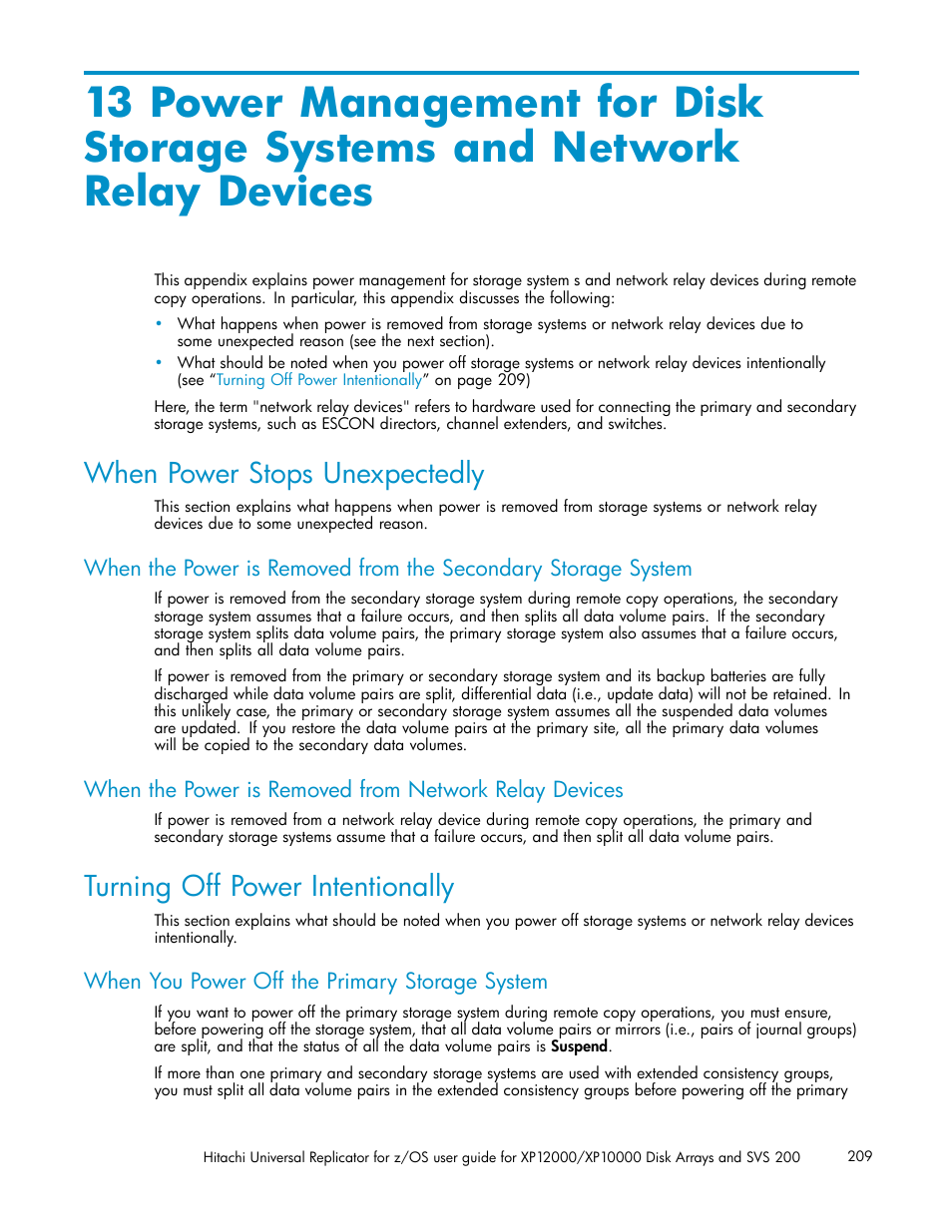 When power stops unexpectedly, Turning off power intentionally, When you power off the primary storage system | HP StorageWorks XP Remote Web Console Software User Manual | Page 209 / 219