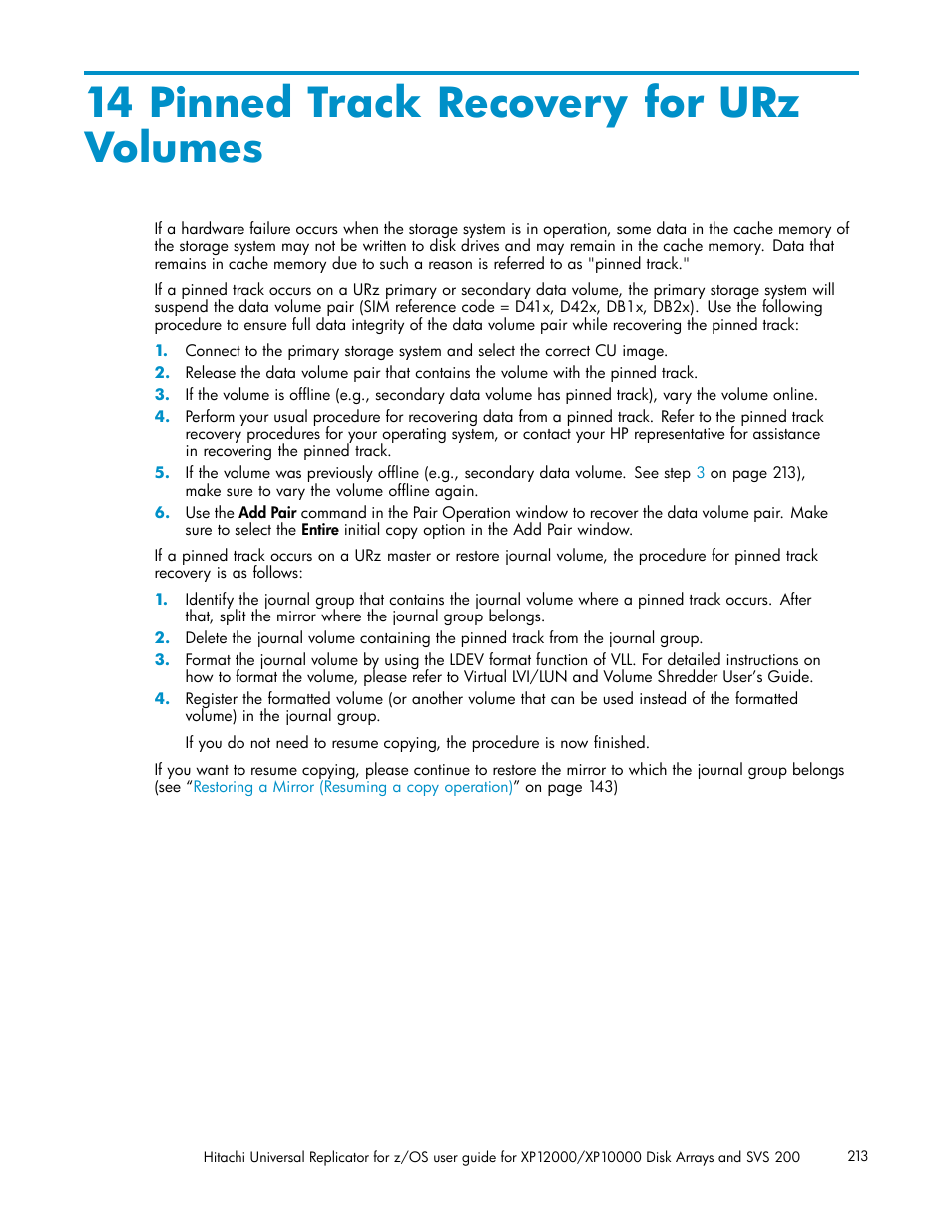 14 pinned track recovery for urz volumes, Chapter 14 | HP StorageWorks XP Remote Web Console Software User Manual | Page 213 / 219