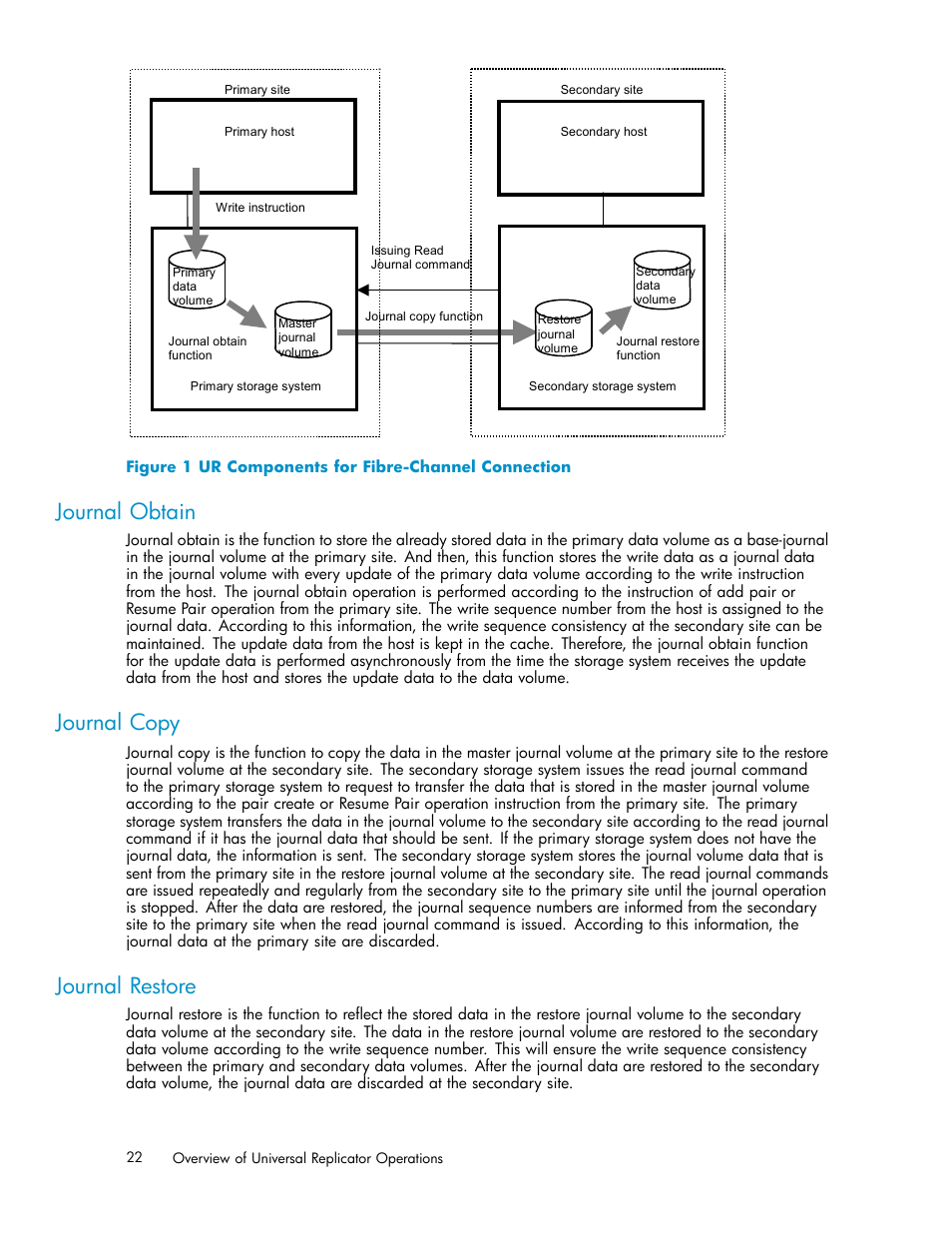 Journal copy, Journal restore, Journal obtain | 1 ur components for fibre-channel connection | HP StorageWorks XP Remote Web Console Software User Manual | Page 22 / 219