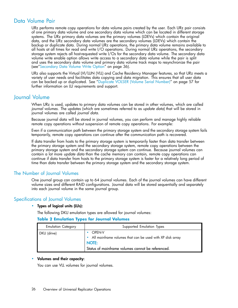 Data volume pair, Journal volume, The number of journal volumes | Speciﬁcations of journal volumes, 2 emulation types for journal volumes | HP StorageWorks XP Remote Web Console Software User Manual | Page 26 / 219