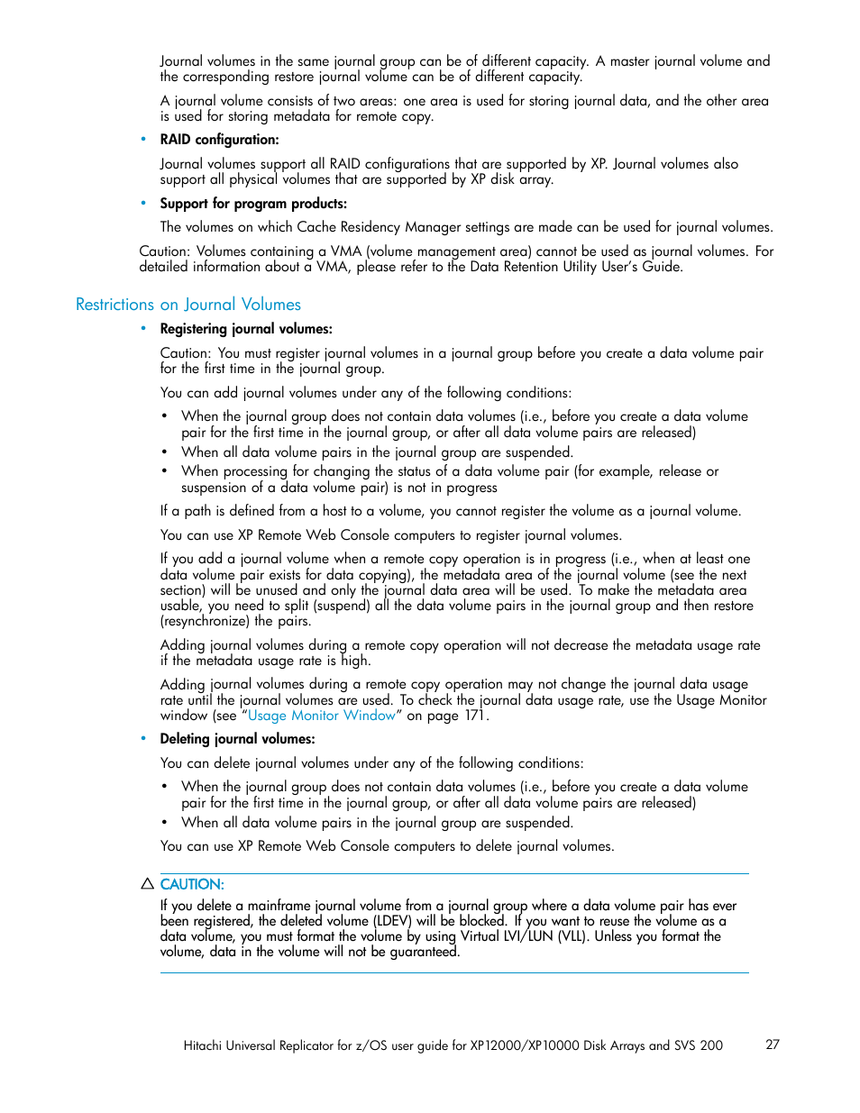 Restrictions on journal volumes | HP StorageWorks XP Remote Web Console Software User Manual | Page 27 / 219