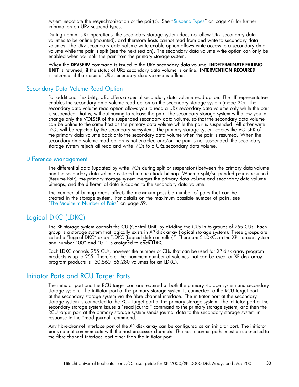 Logical dkc (ldkc), Initiator ports and rcu target ports, Secondary data volume read option | Difference management | HP StorageWorks XP Remote Web Console Software User Manual | Page 33 / 219