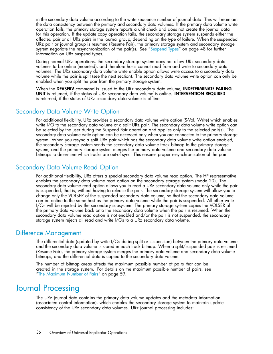 Journal processing, Secondary data volume write option, Secondary data volume read option | Difference management | HP StorageWorks XP Remote Web Console Software User Manual | Page 36 / 219