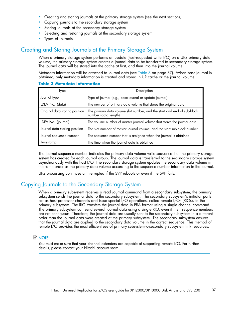 Copying journals to the secondary storage system, 3 metadata information, Table 3 | HP StorageWorks XP Remote Web Console Software User Manual | Page 37 / 219