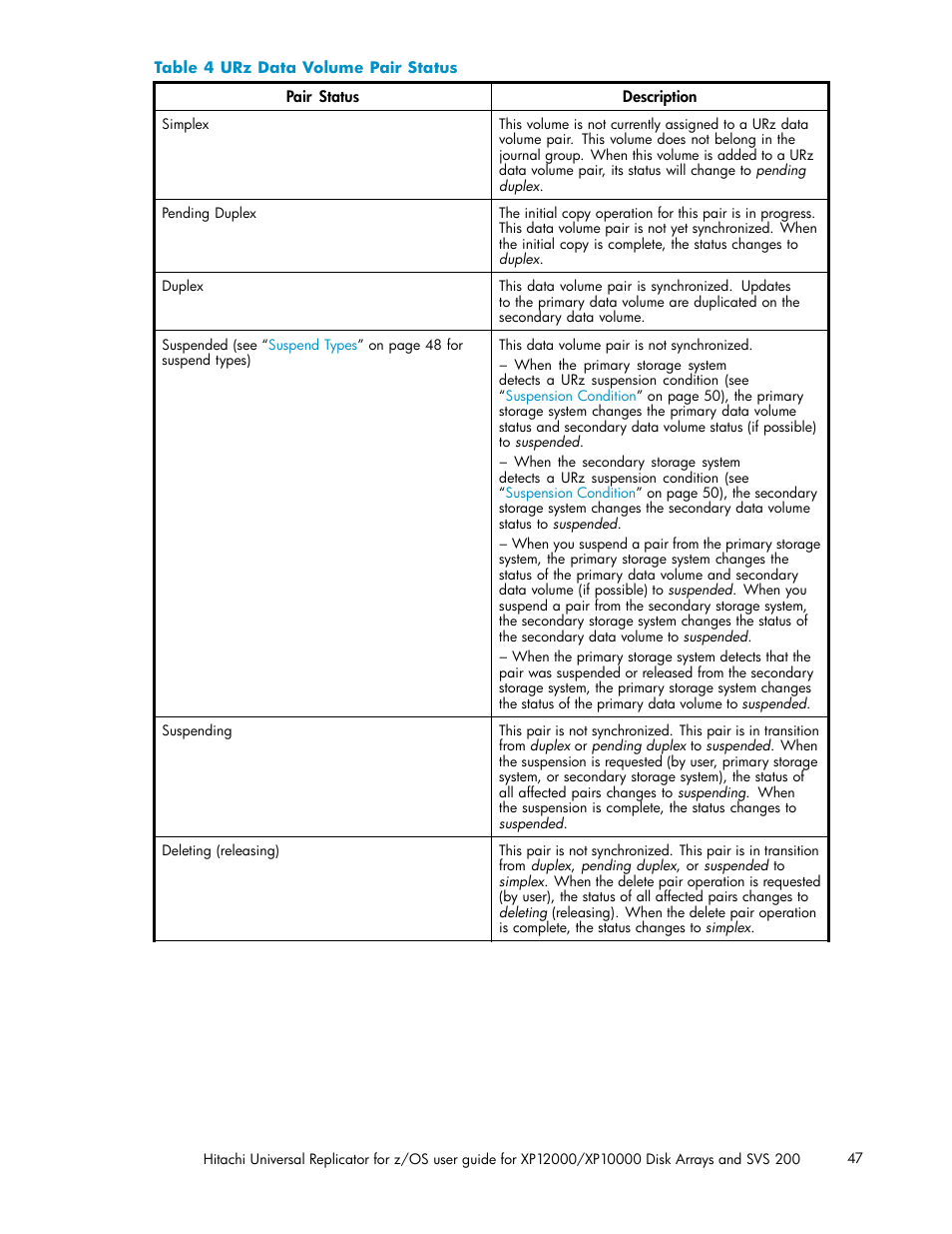 4 urz data volume pair status, Table 4 | HP StorageWorks XP Remote Web Console Software User Manual | Page 47 / 219