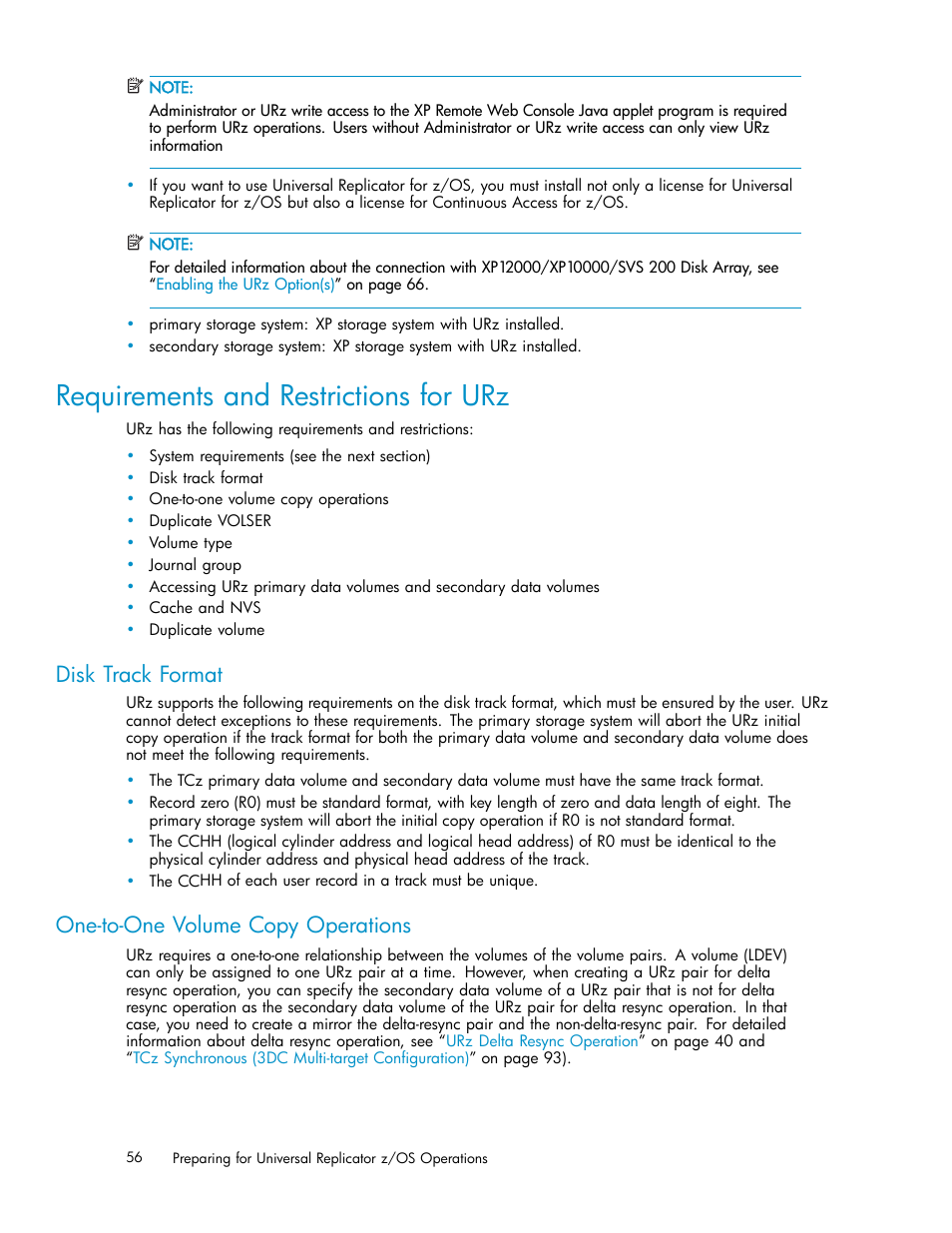 Requirements and restrictions for urz, Disk track format, One-to-one volume copy operations | HP StorageWorks XP Remote Web Console Software User Manual | Page 56 / 219