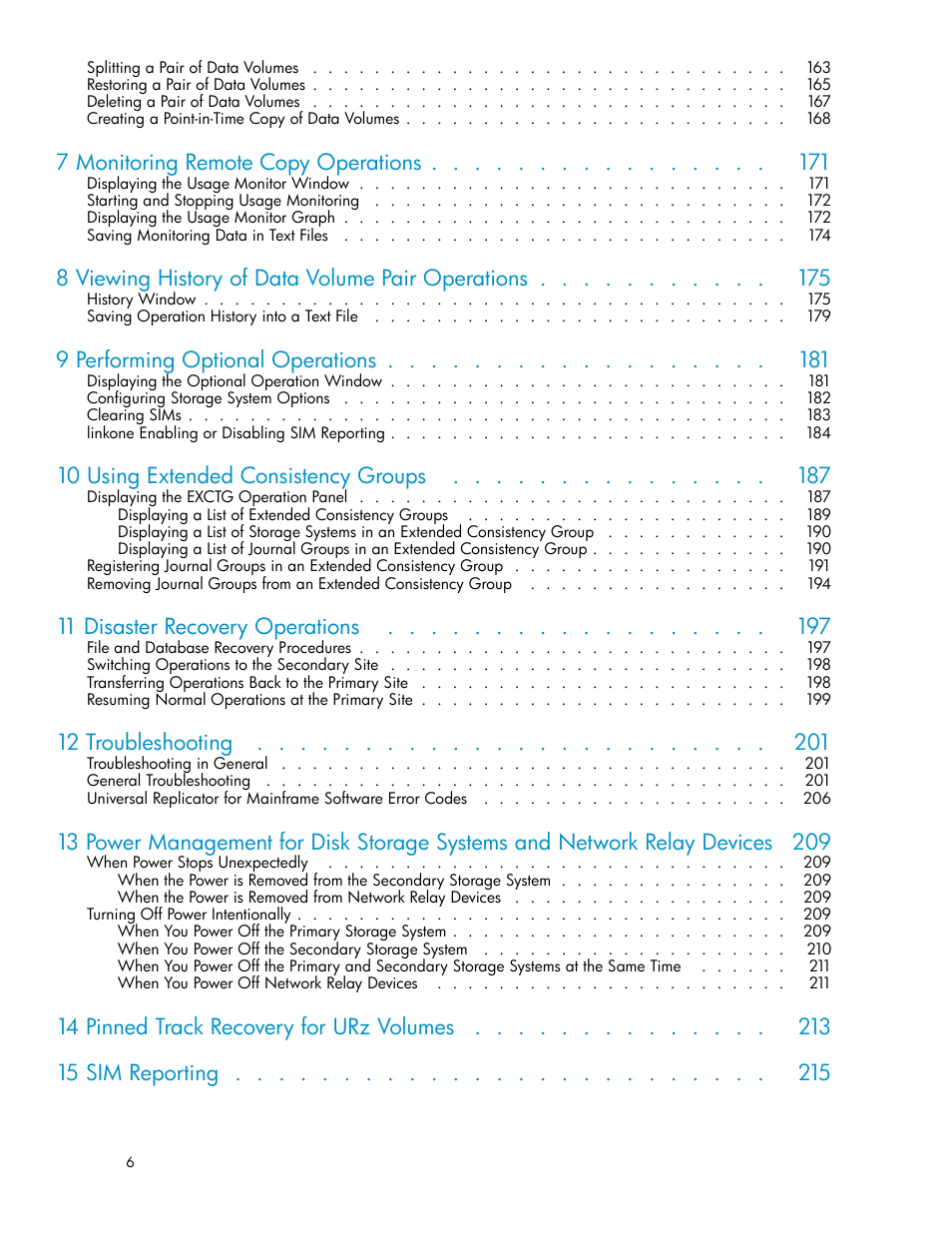 7 monitoring remote copy operations, 8 viewing history of data volume pair operations, 9 performing optional operations | 10 using extended consistency groups, 11 disaster recovery operations, 12 troubleshooting | HP StorageWorks XP Remote Web Console Software User Manual | Page 6 / 219