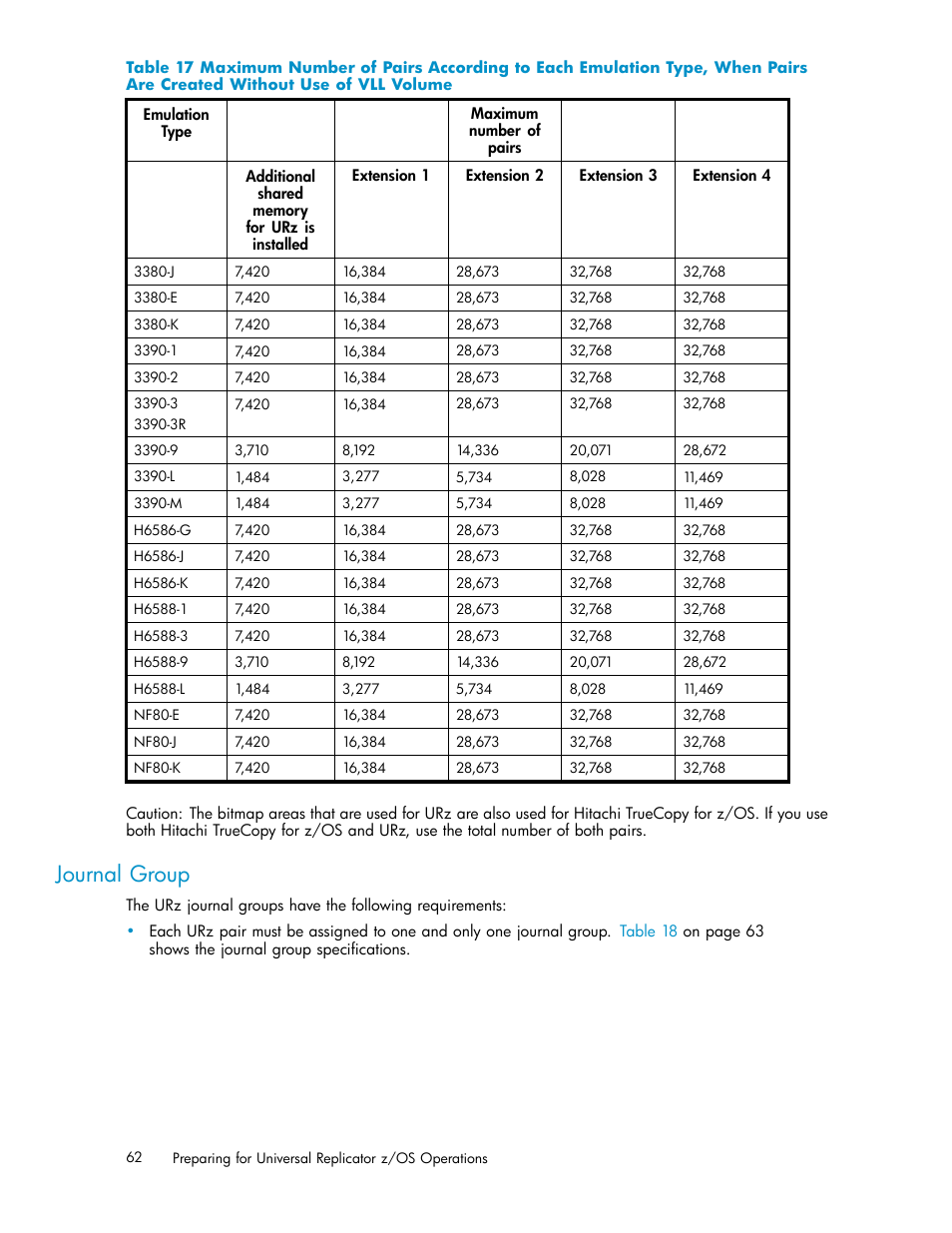 Journal group, Without use of vll volume, Table 17 | HP StorageWorks XP Remote Web Console Software User Manual | Page 62 / 219