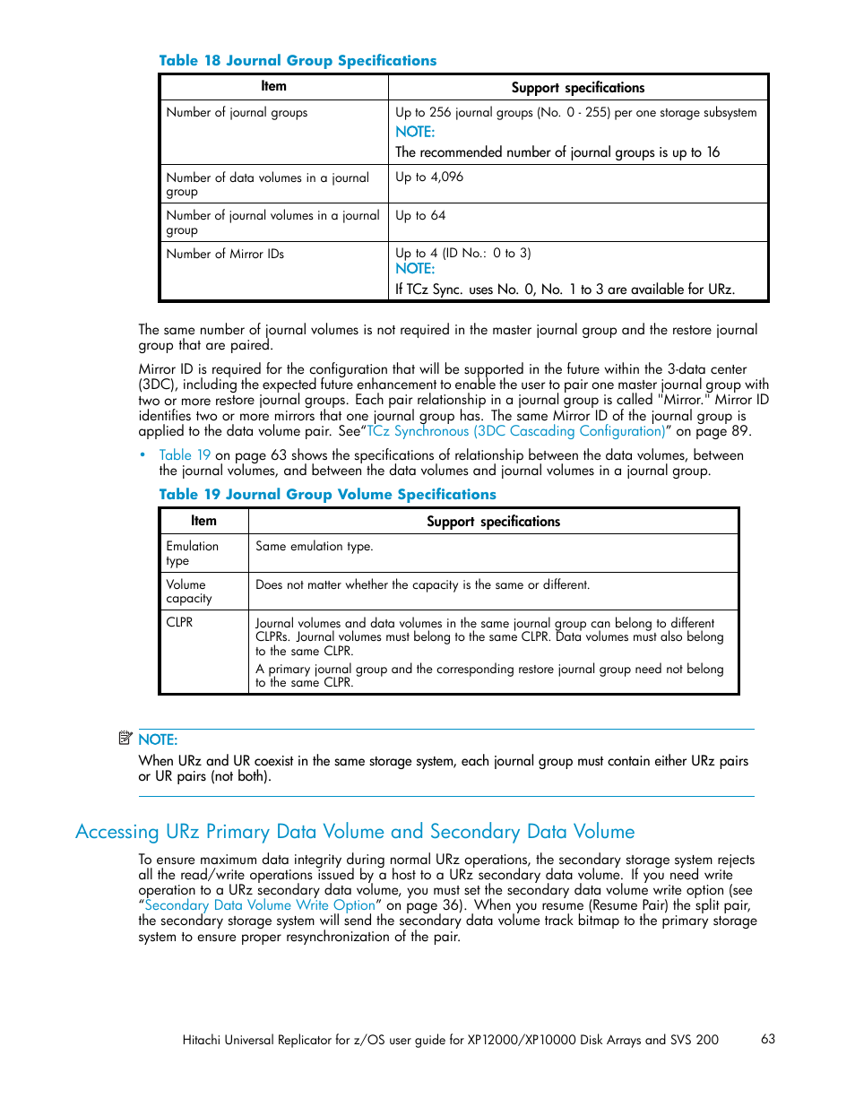 18 journal group speciﬁcations, 19 journal group volume speciﬁcations | HP StorageWorks XP Remote Web Console Software User Manual | Page 63 / 219