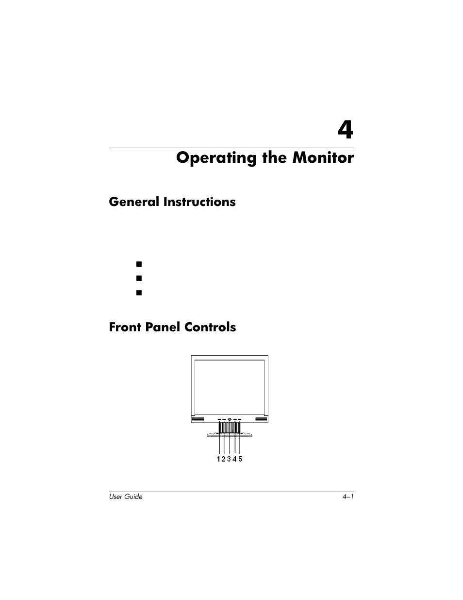 Operating the monitor, General instructions, Front panel controls | 4 operating the monitor, General instructions –1 front panel controls –1 | HP Pavilion L176v 17 inch LCD Monitor User Manual | Page 15 / 40