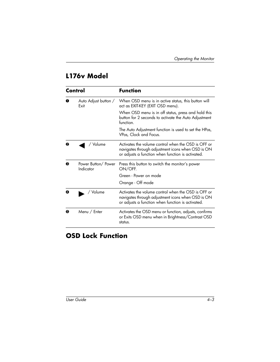 L176v model, Osd lock function, L176v model –3 osd lock function –3 | L176v model osd lock function | HP Pavilion L176v 17 inch LCD Monitor User Manual | Page 17 / 40