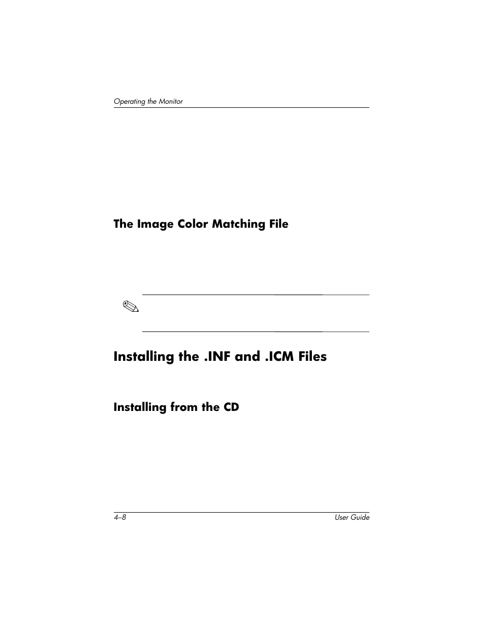 The image color matching file, Installing the .inf and .icm files, Installing from the cd | The image color matching file –8, Installing the .inf and .icm files –8, Installing from the cd –8 | HP Pavilion L176v 17 inch LCD Monitor User Manual | Page 22 / 40