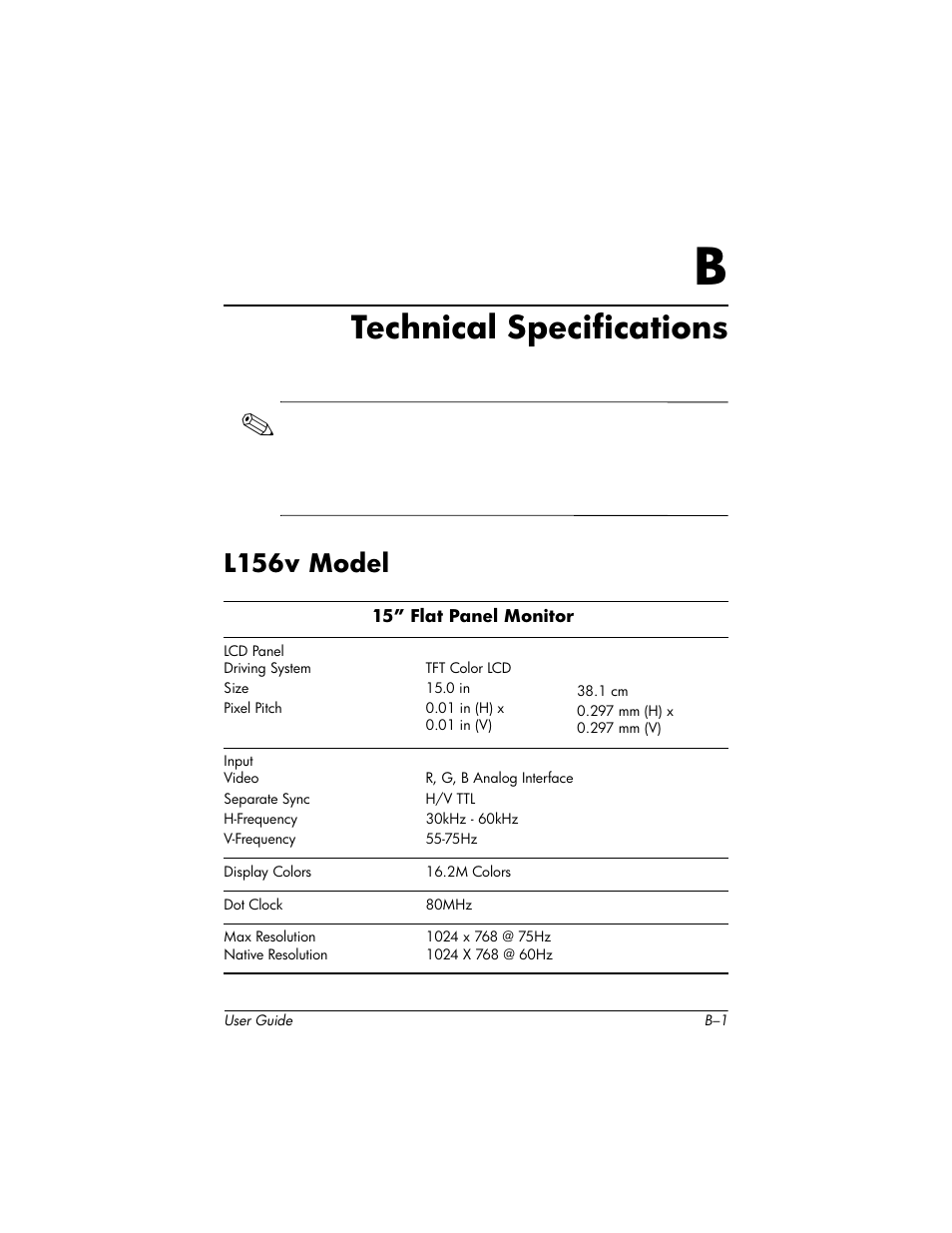 Technical specifications, L156v model, B technical specifications | HP Pavilion L176v 17 inch LCD Monitor User Manual | Page 29 / 40