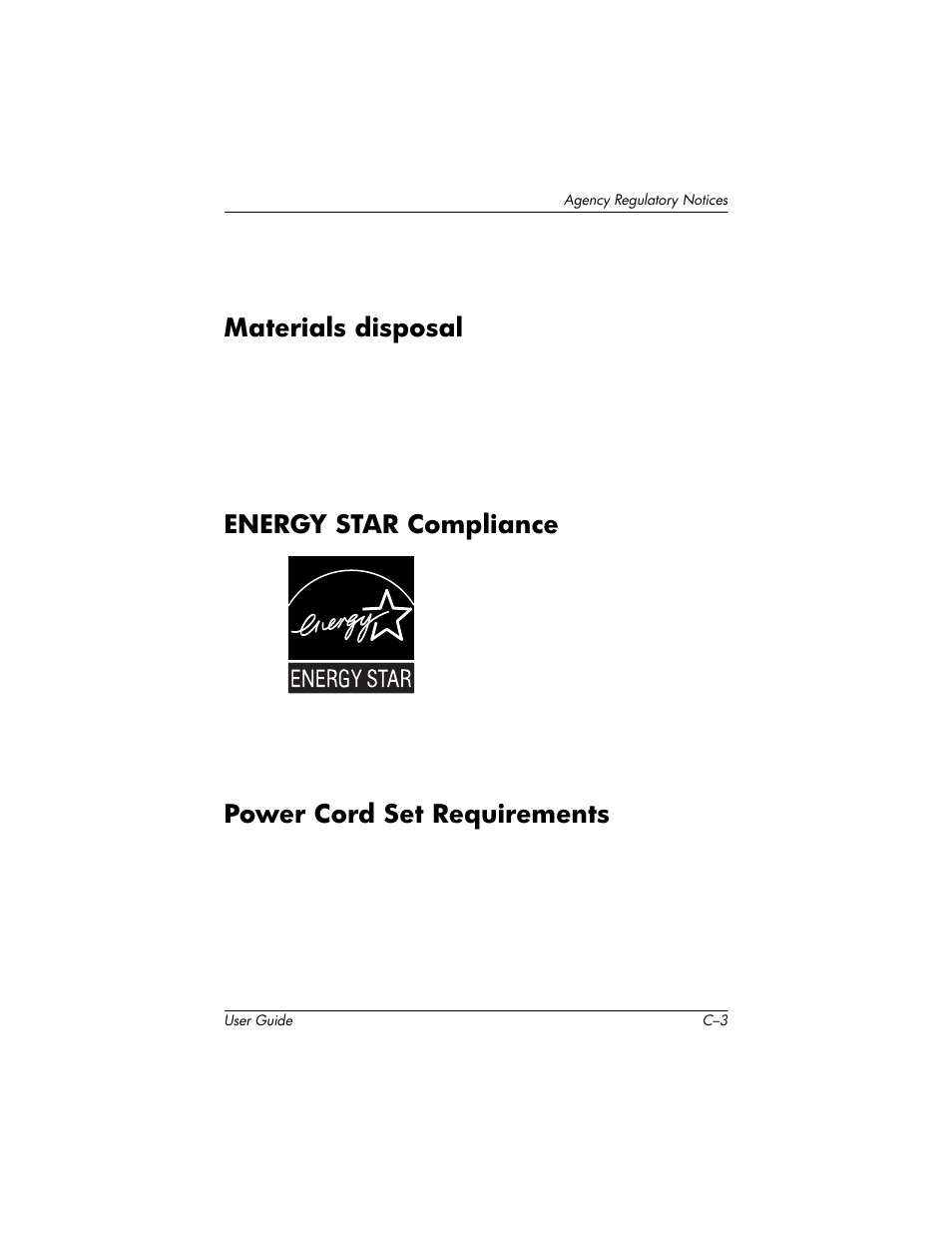 Materials disposal, Energy star compliance, Power cord set requirements | HP Pavilion L176v 17 inch LCD Monitor User Manual | Page 39 / 40