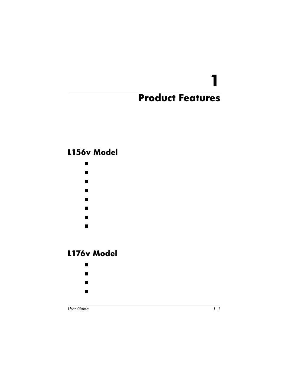 Product features, L156v model, L176v model | 1 product features, L156v model –1 l176v model –1 | HP Pavilion L176v 17 inch LCD Monitor User Manual | Page 5 / 40